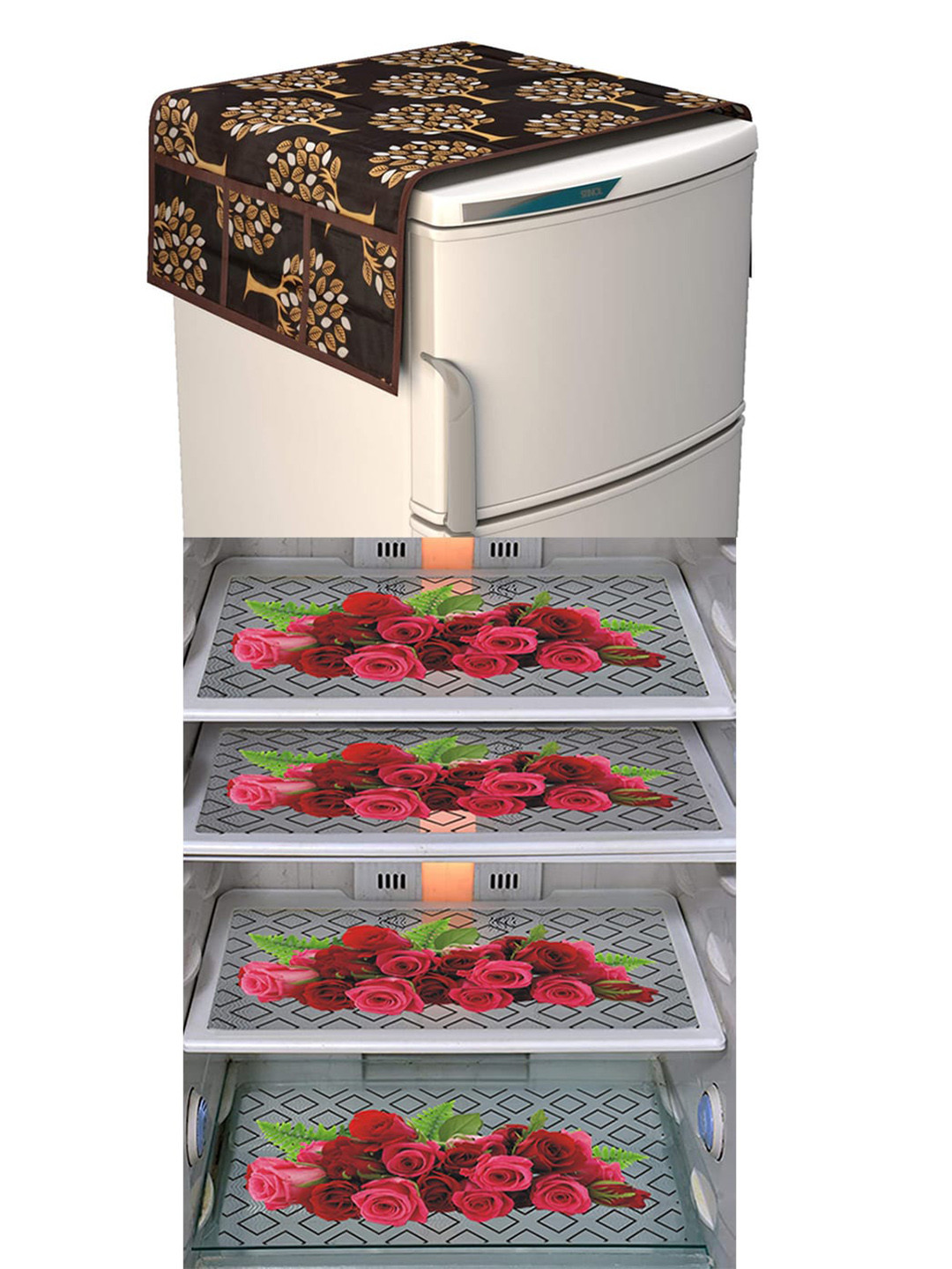 Dakshya Industries FC Maroon & Brown 5 Pieces Printed Fridge Cover & Mats