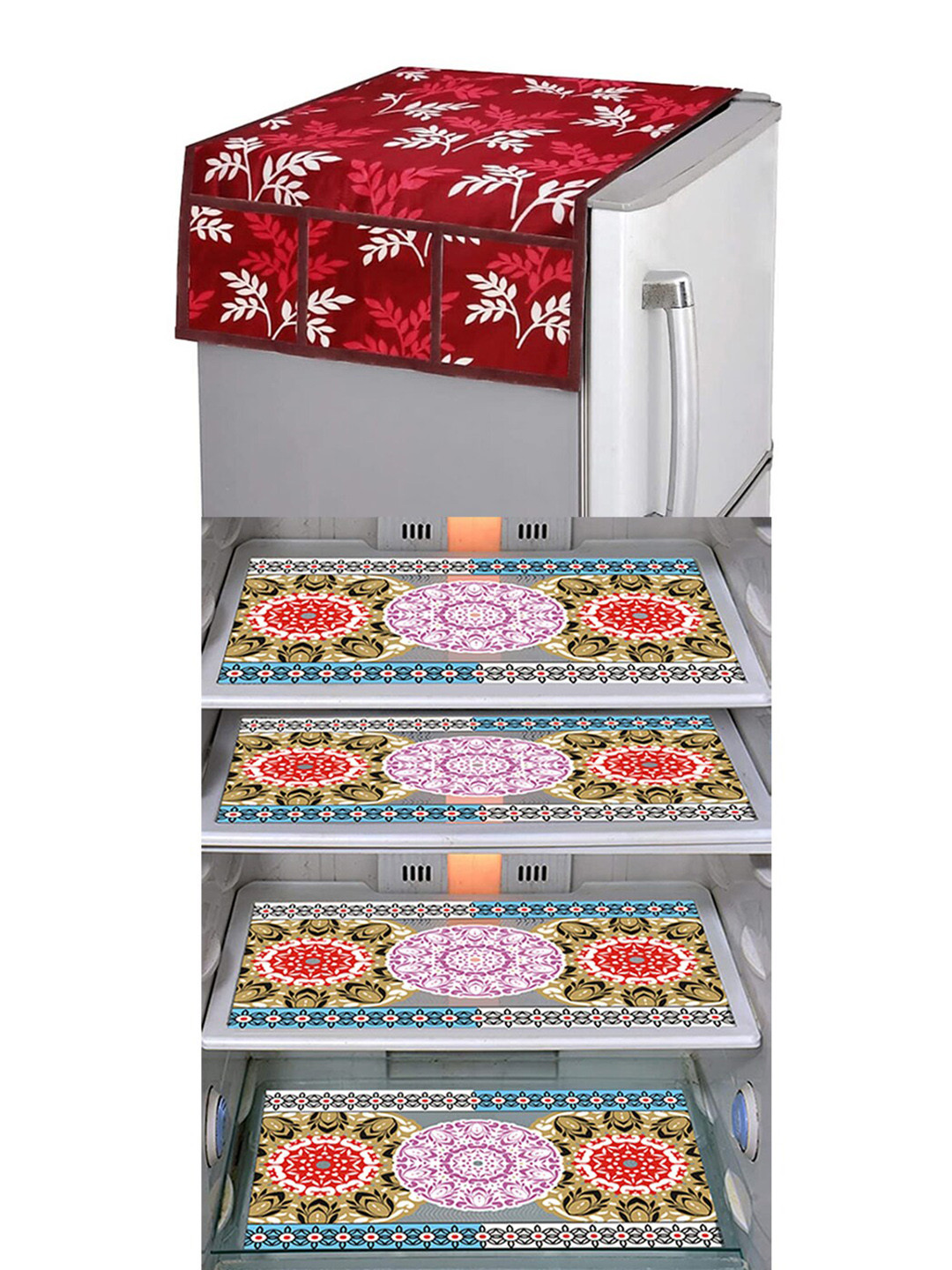 Dakshya Industries FC 5 Pieces Maroon & Grey Printed Fridge Cover & Mats