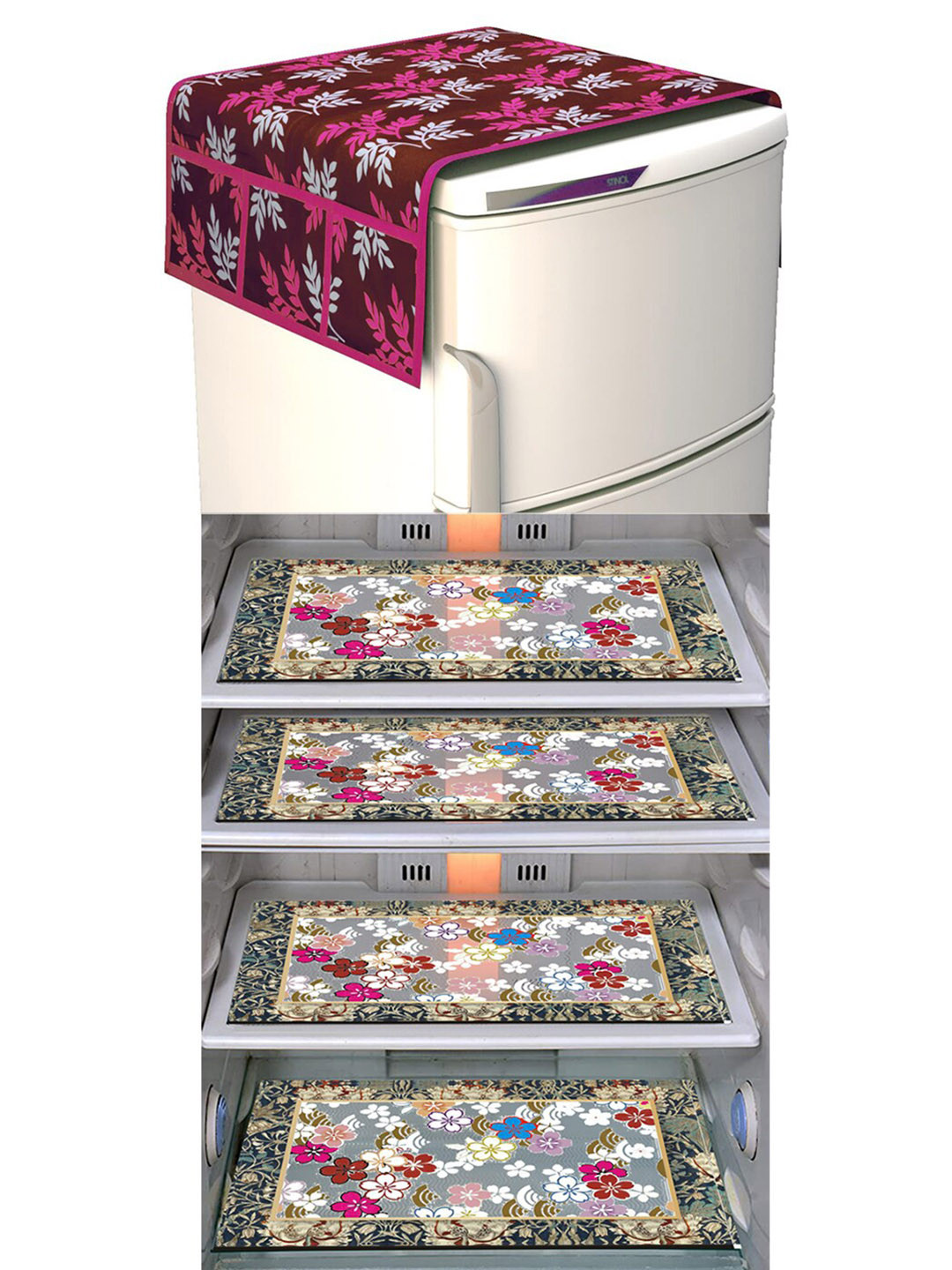 Dakshya Industries FC Maroon & Grey 5 Pieces Printed Fridge Cover &  Mats