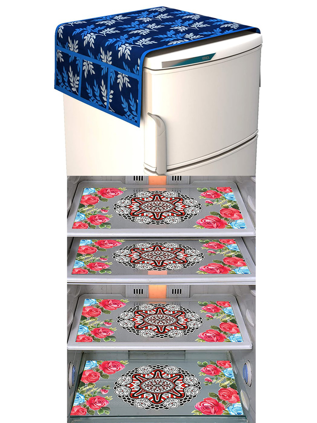 Dakshya Industries FC 5 Pieces Blue & Pink Printed Fridge Cover & Mats