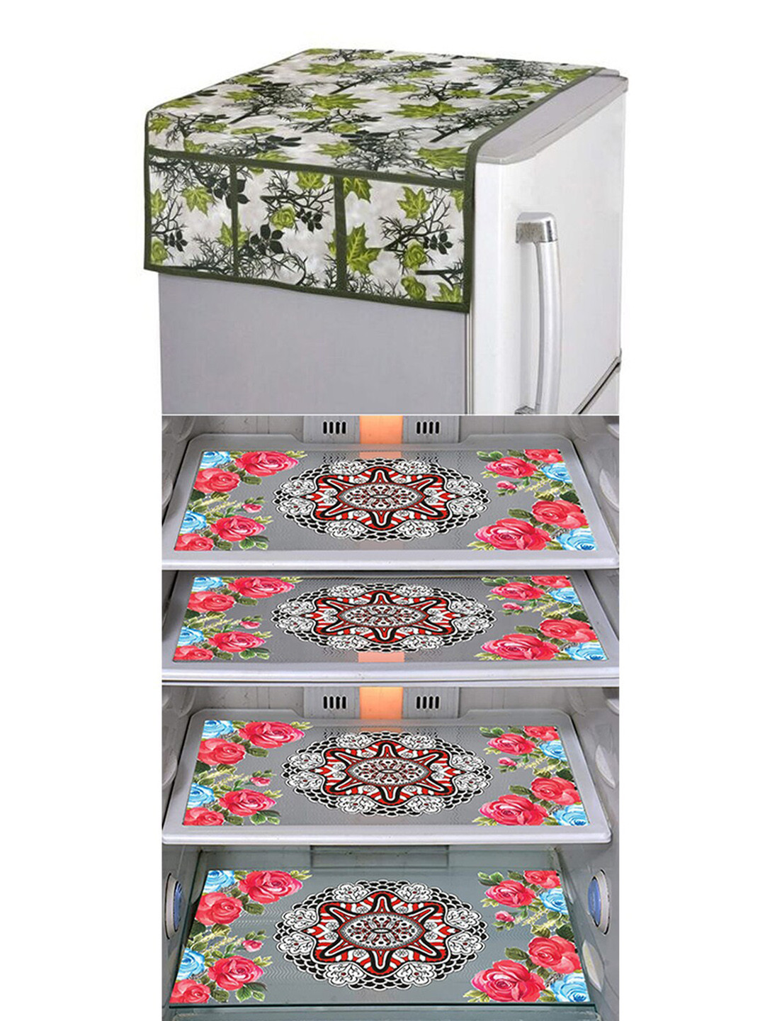 Dakshya Industries FC 5 Pieces Green & Pink Printed Fridge Cover & Mats