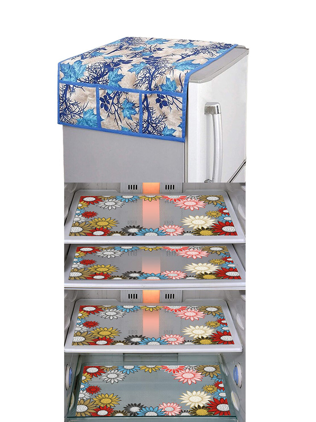 Dakshya Industries FC Blue & Grey 5 Pieces Printed Fridge Cover & Mats