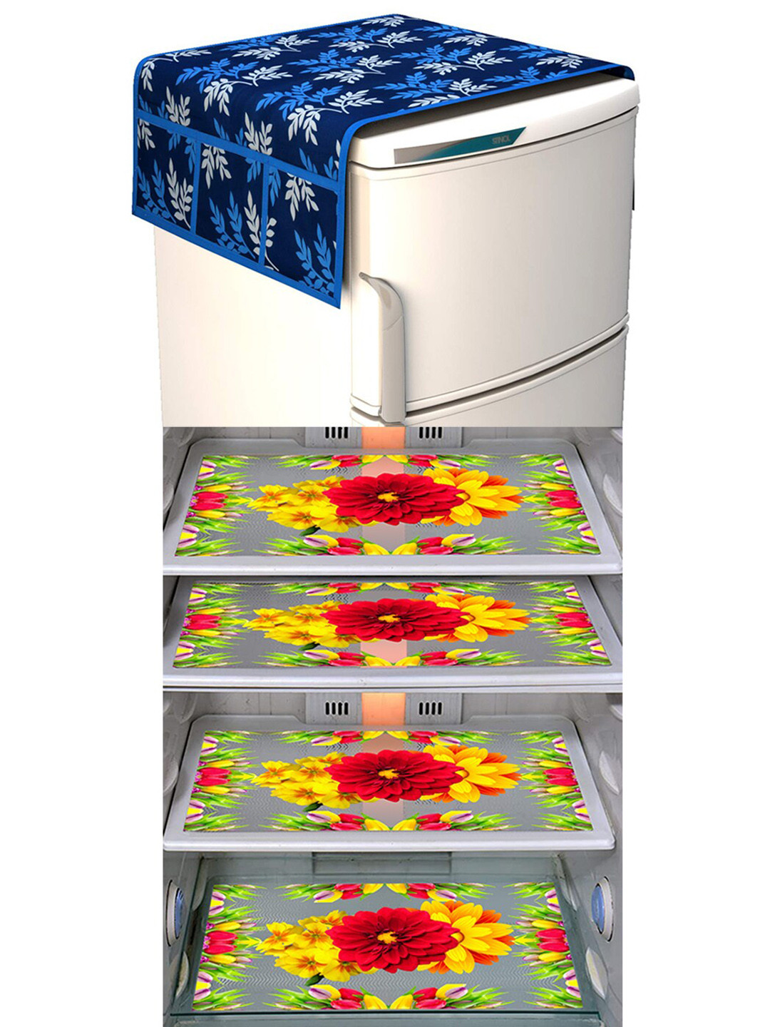 Dakshya Industries FC 5 Pieces Yellow & Blue Printed Fridge Cover & Mats