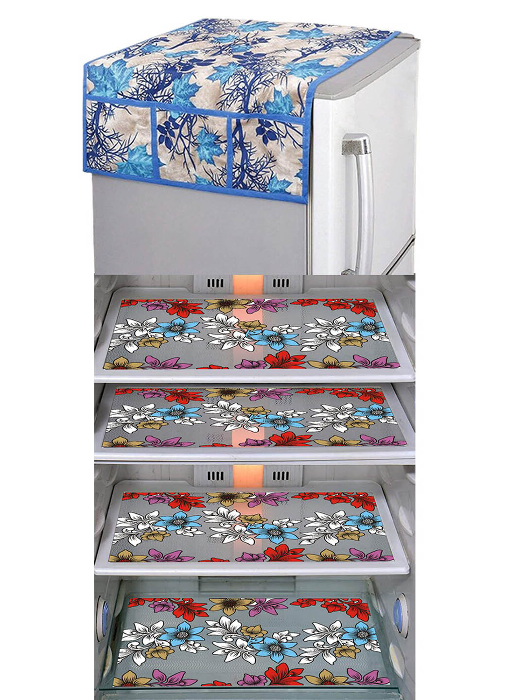 Dakshya Industries FC Blue & Grey 5 Pieces Printed Fridge Cover & Mats