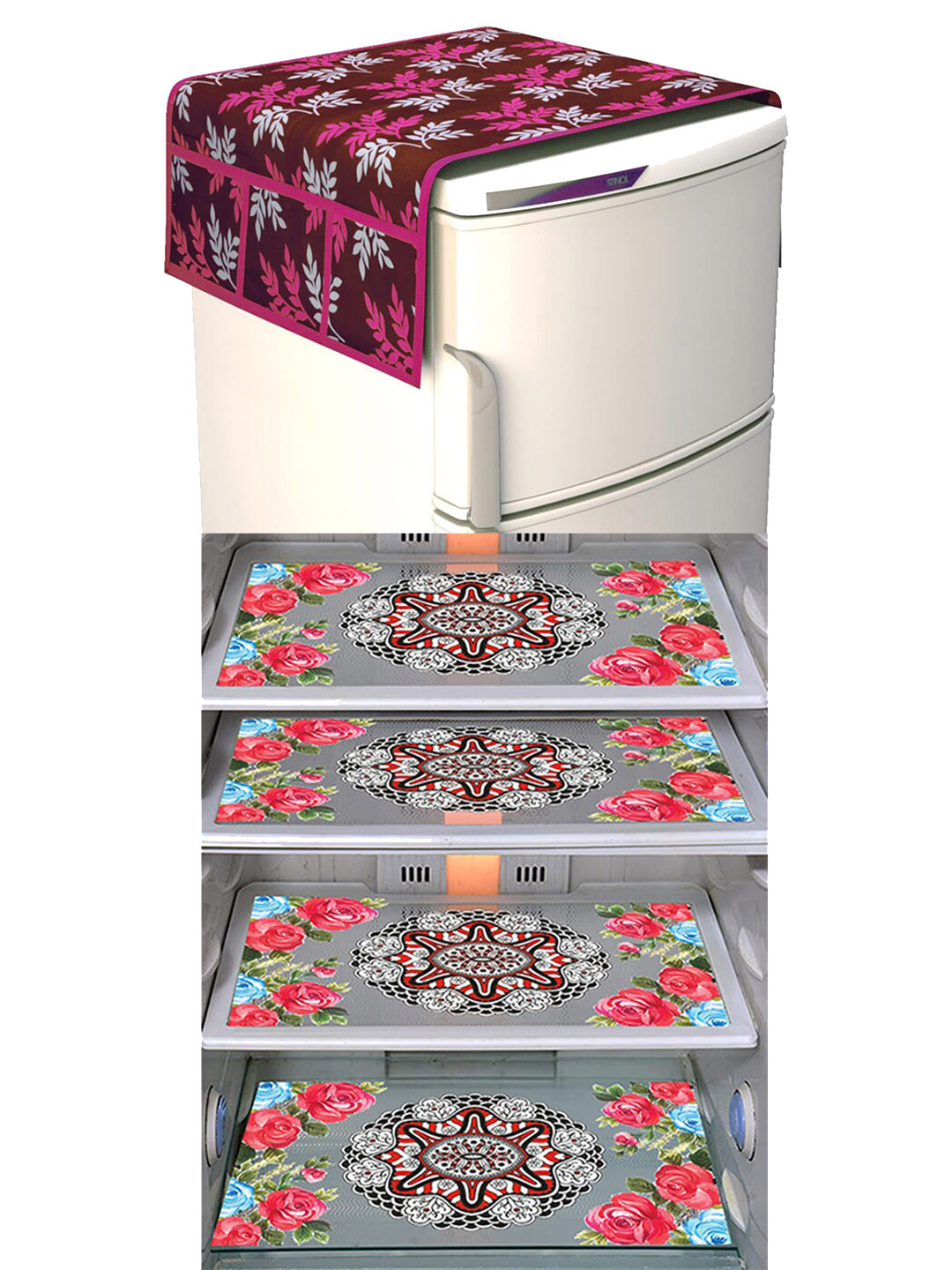 Dakshya Industries FC Pink & Grey 5 Pieces Printed Fridge Cover & Mats