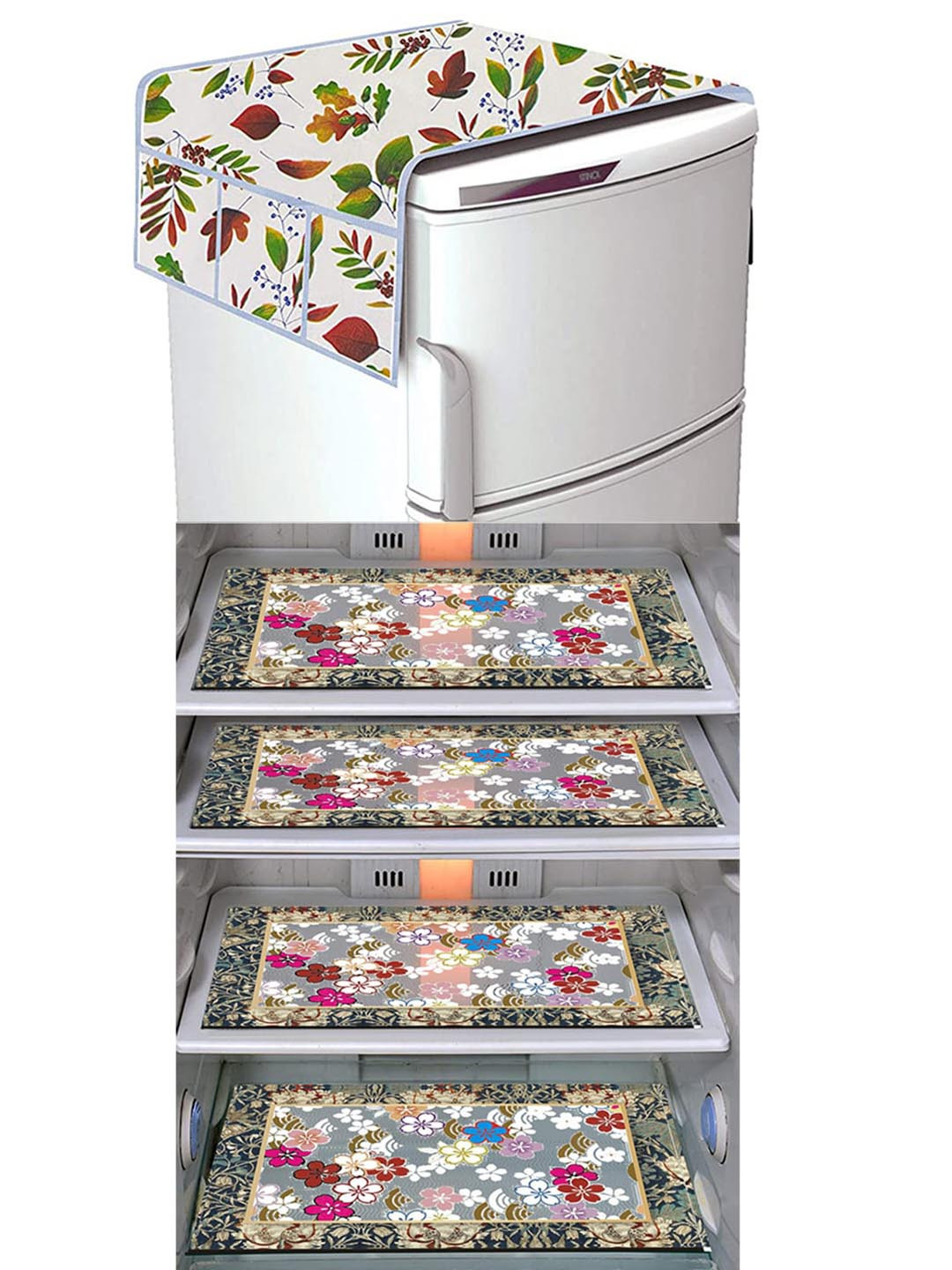 Dakshya Industries FC Green & Grey 5 Pieces Printed Fridge Cover & Mats
