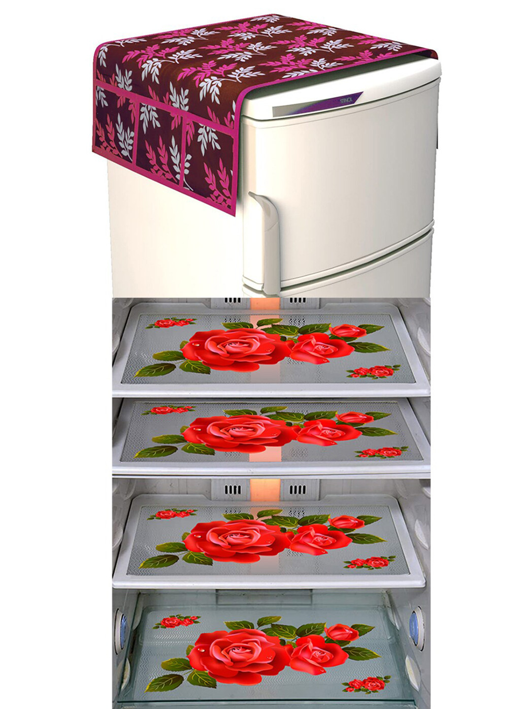 Dakshya Industries FC 5 Pcs Purple & Red Printed Fridge Cover & Mats