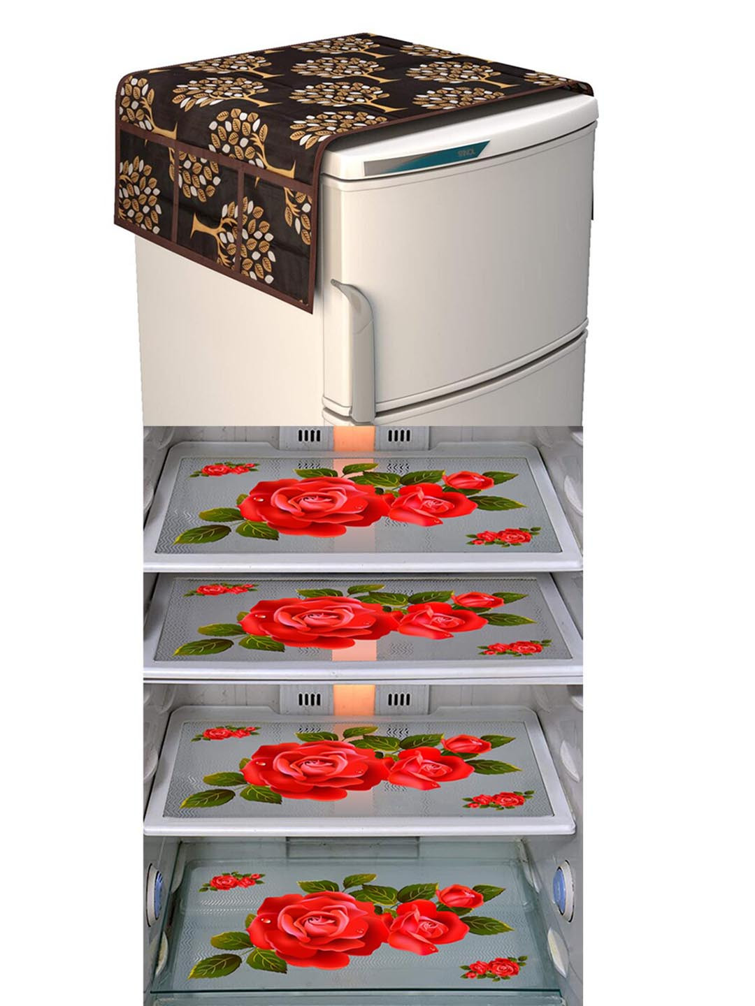 Dakshya Industries Red and Brown Printed Refrigerator Covers With Mat
