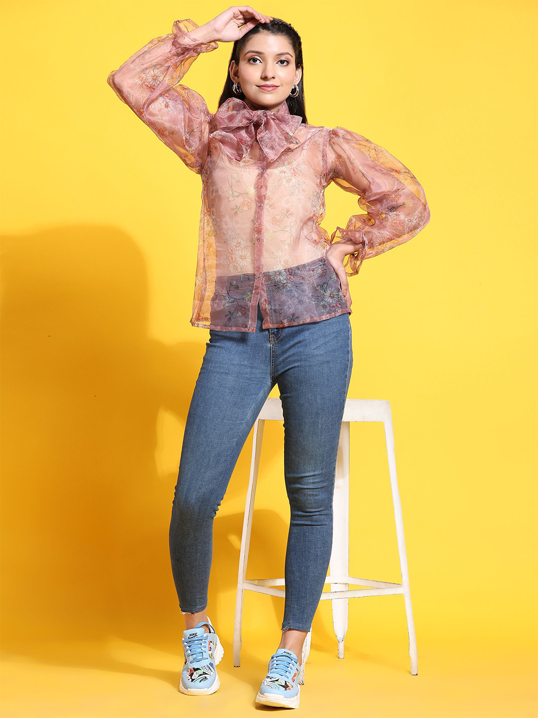 Phenav Floral Printed Puff Sleeves Organza Semi Sheer Shirt Style Tops