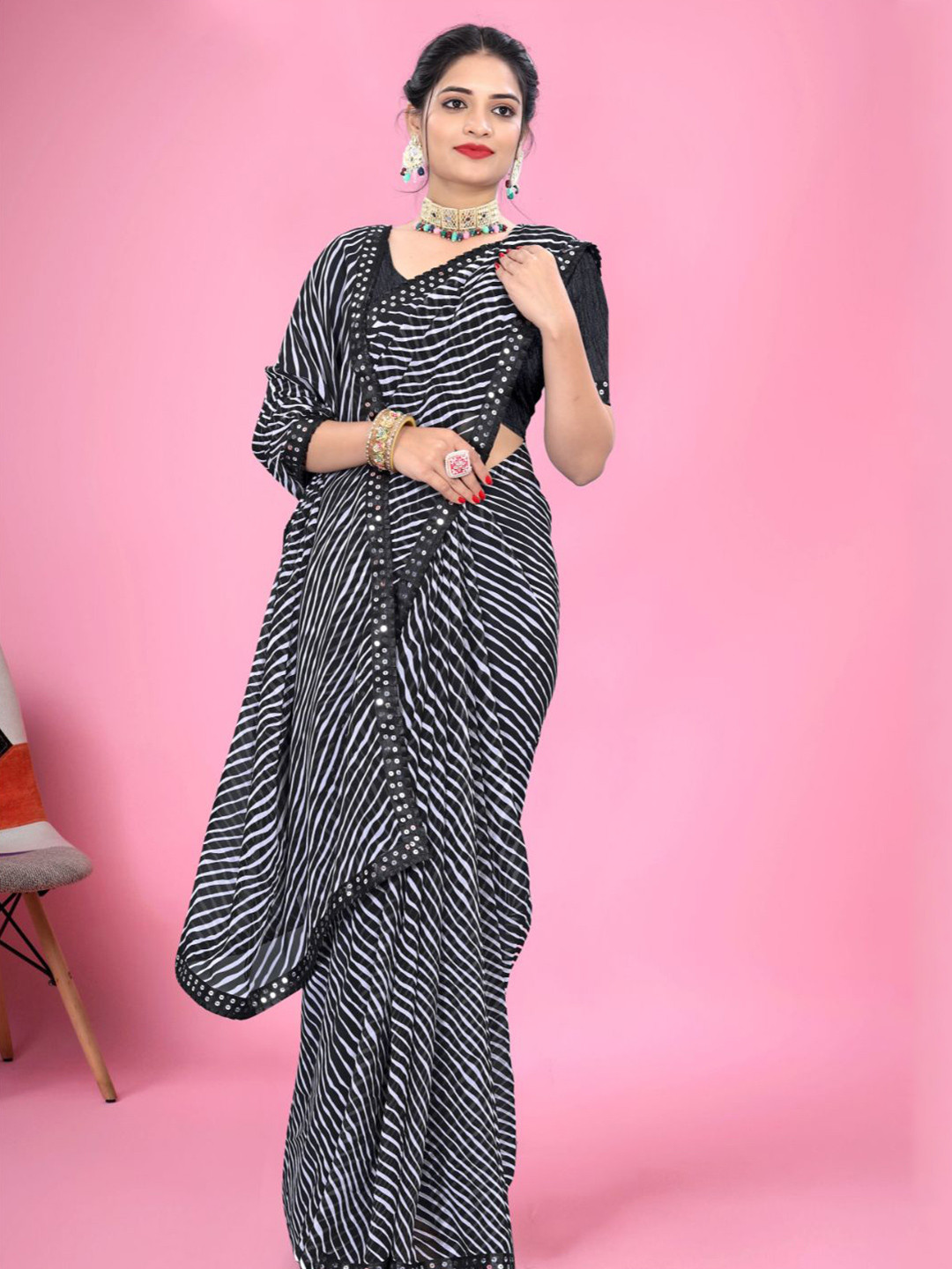 MAGMINA Striped Sequinned Pure Georgette Saree