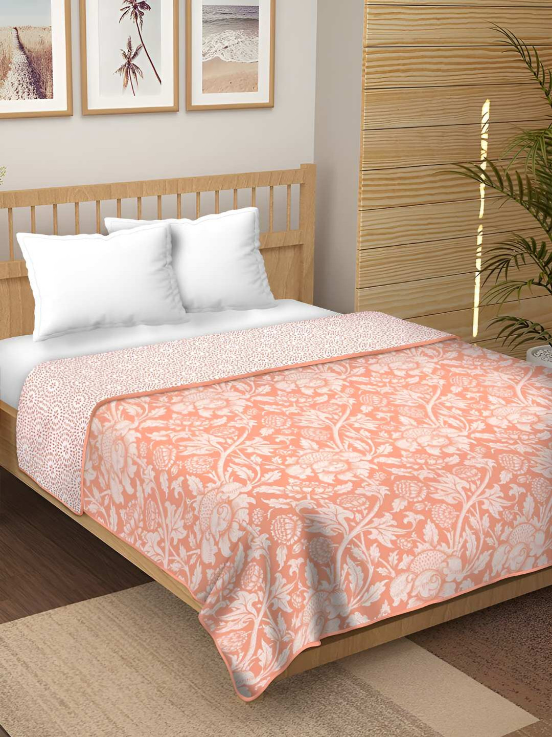 tundwal's Orange & White Floral Printed Reversible Cotton AC Room 210 GSM Double Bed Dohar