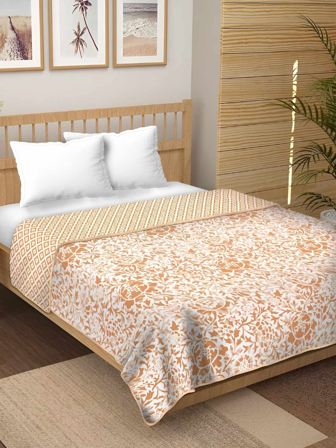 tundwal's Camel Brown & White Floral Reversible Cotton AC Room 210 GSM Single Bed Dohar