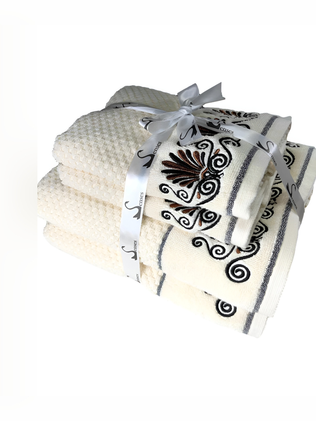 SENSES Cream-Coloured & Black 4 Pieces Cotton Towel Set