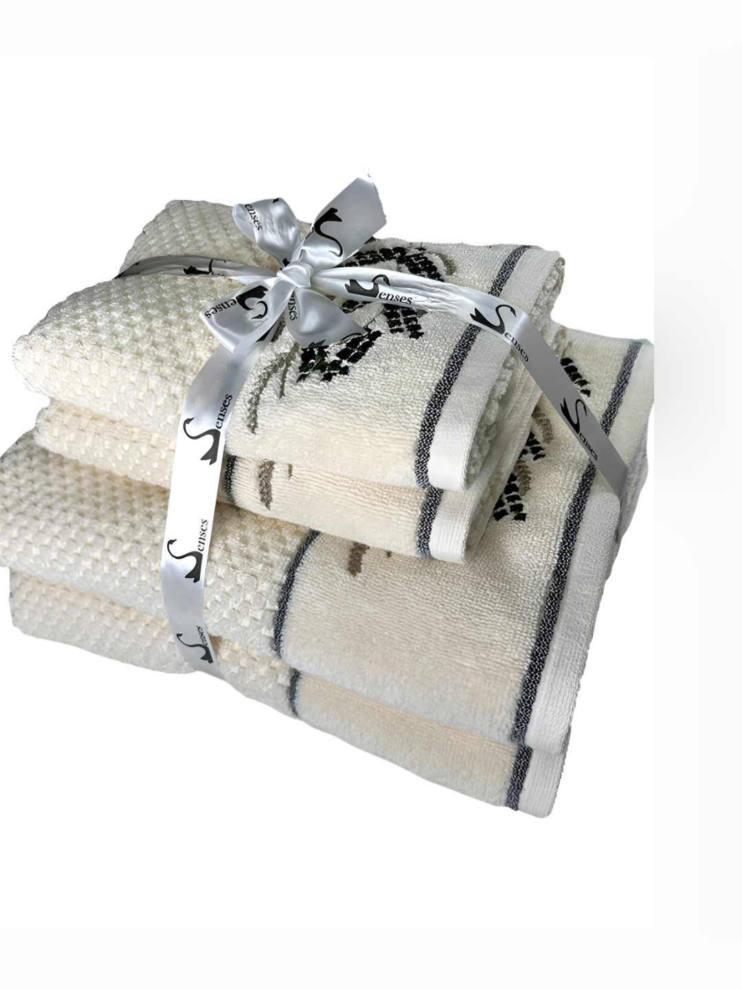 SENSES Cream-Coloured & Black 4 Pieces Cotton Towel Set