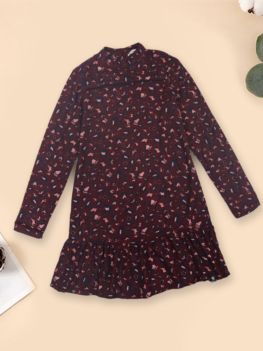 INCLUD Girls Animal Printed Mandarin Collar Long Sleeves Ruffled Cotton A-Line Dress