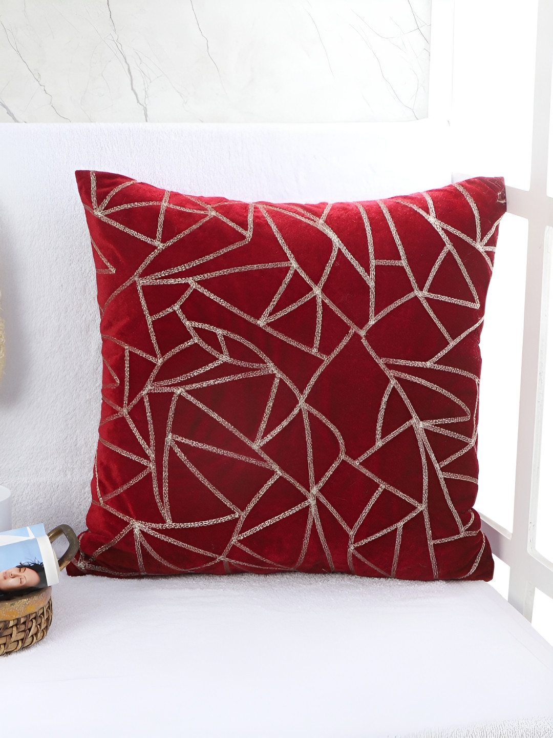 Decoghar Triangle Golden Zari Embroidered Polyester 2 Pcs Embellished Cushion Covers - 16 x 16 In