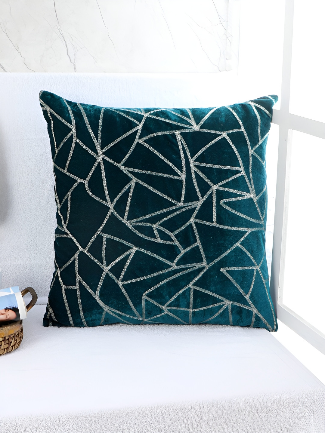 Decoghar Velvet Turquoise Geometric Embroidered 5 Pieces Cushion Covers