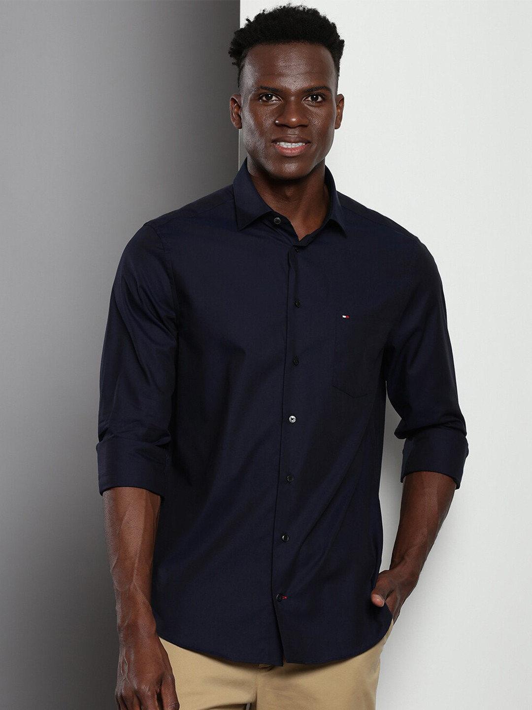 Tommy Hilfiger New Textured Spread Collar Long Sleeves Cotton Casual Shirt