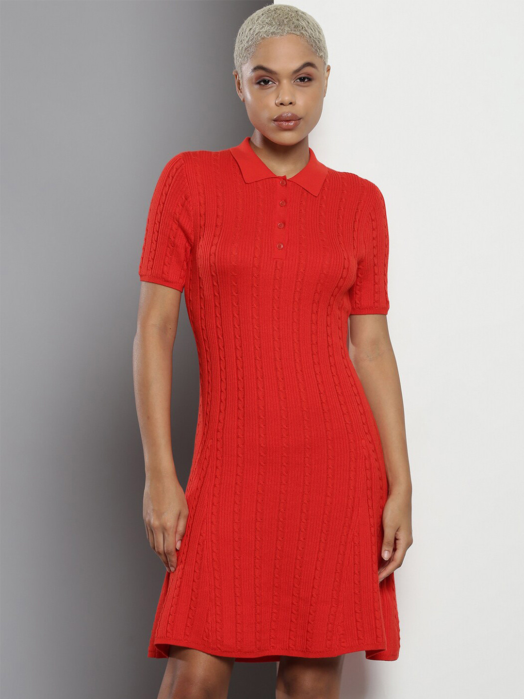 Tommy Hilfiger Self Design Shirt Collar Organic Cotton T-Shirt Dress