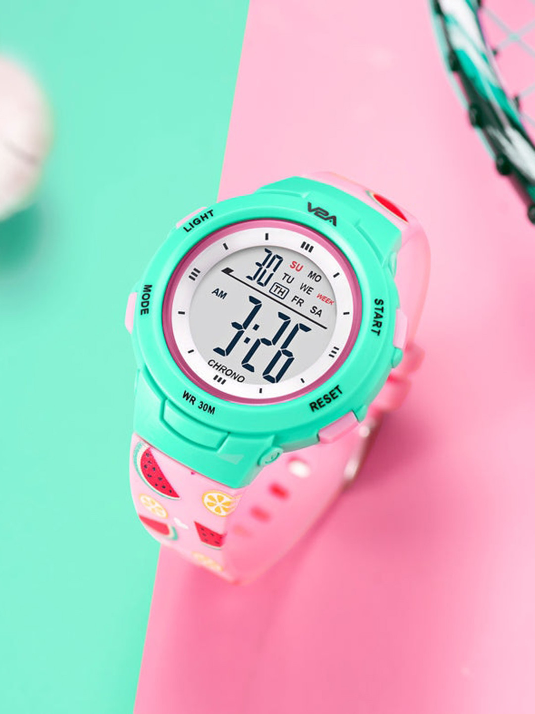 V2A Kids Patterned Round Shaped Multi Function Digital Watch DK8217P-Fruit-Pink
