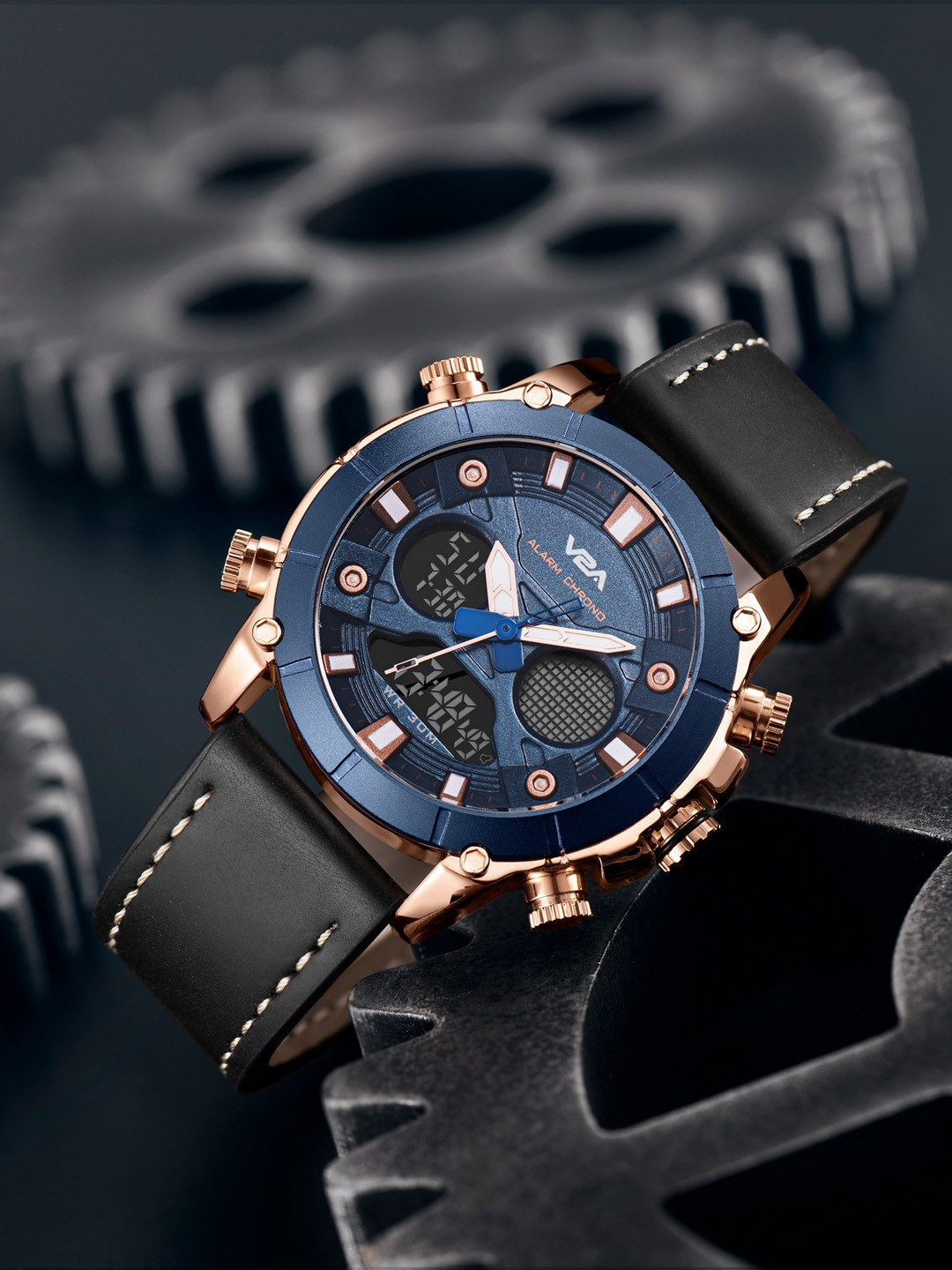 V2A Men Bracelet Style Straps Analogue Watch V2A-6009-Blk-Gld-Blu