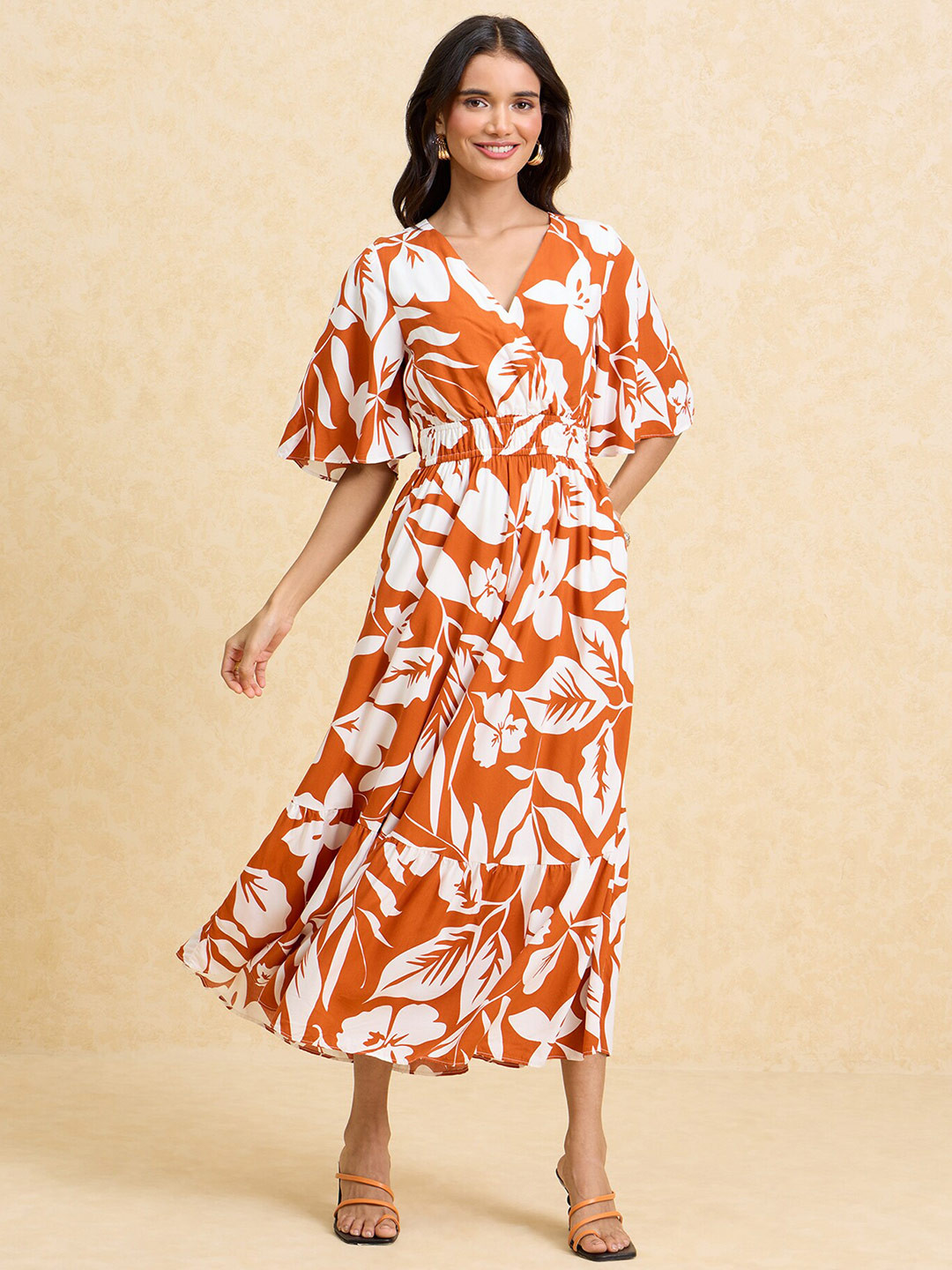 20Dresses Rust Floral Printed V-Neck Flared Sleeve Cotton Maxi Dress