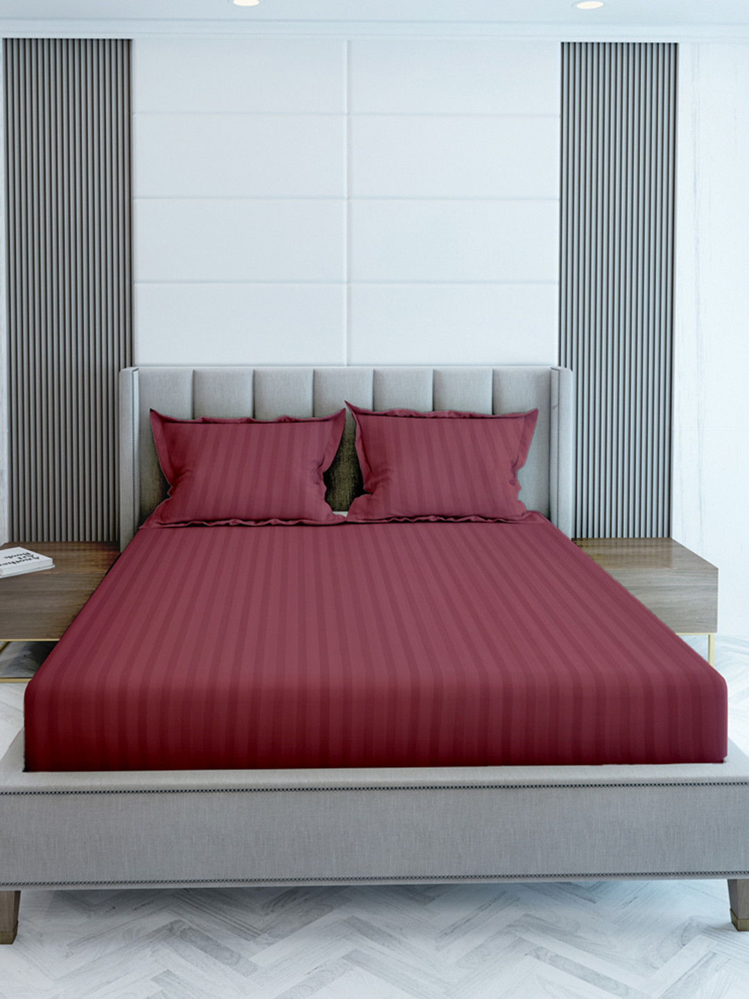 LABHAM Simple Living Red Striped Cotton 210 TC Double Fine Bedsheet with 2 Pillow Covers-108 x 108 inches