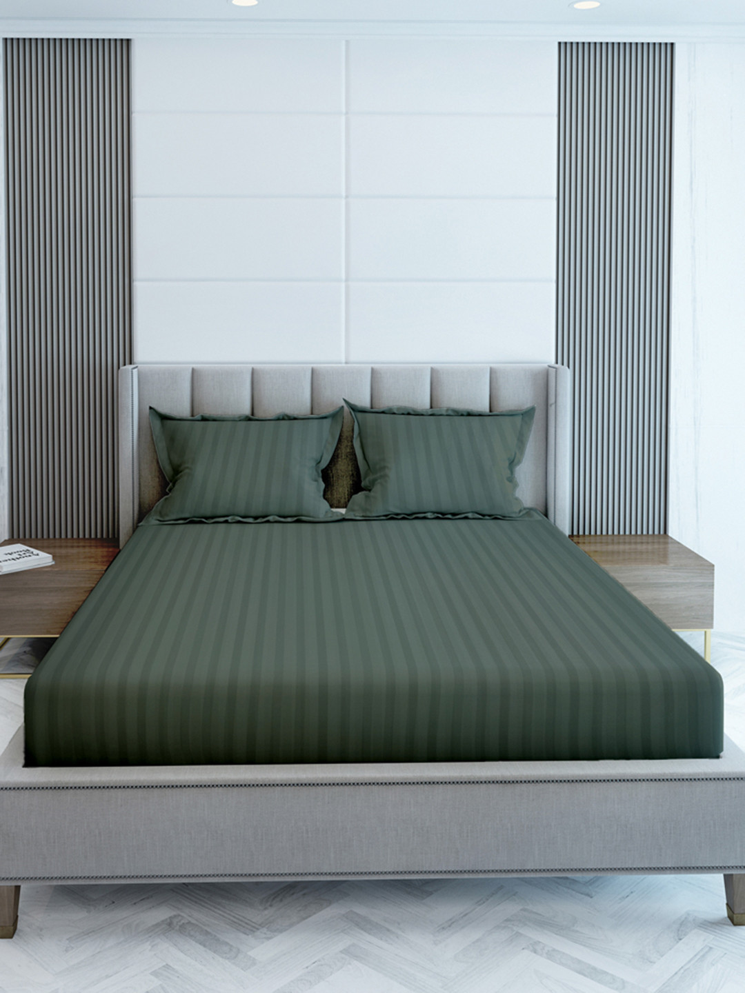 LABHAM Simple Living Lime Green Striped Cotton 210 TC King Fine Bedsheet with 2 Pillow Covers-108 x 108 inches