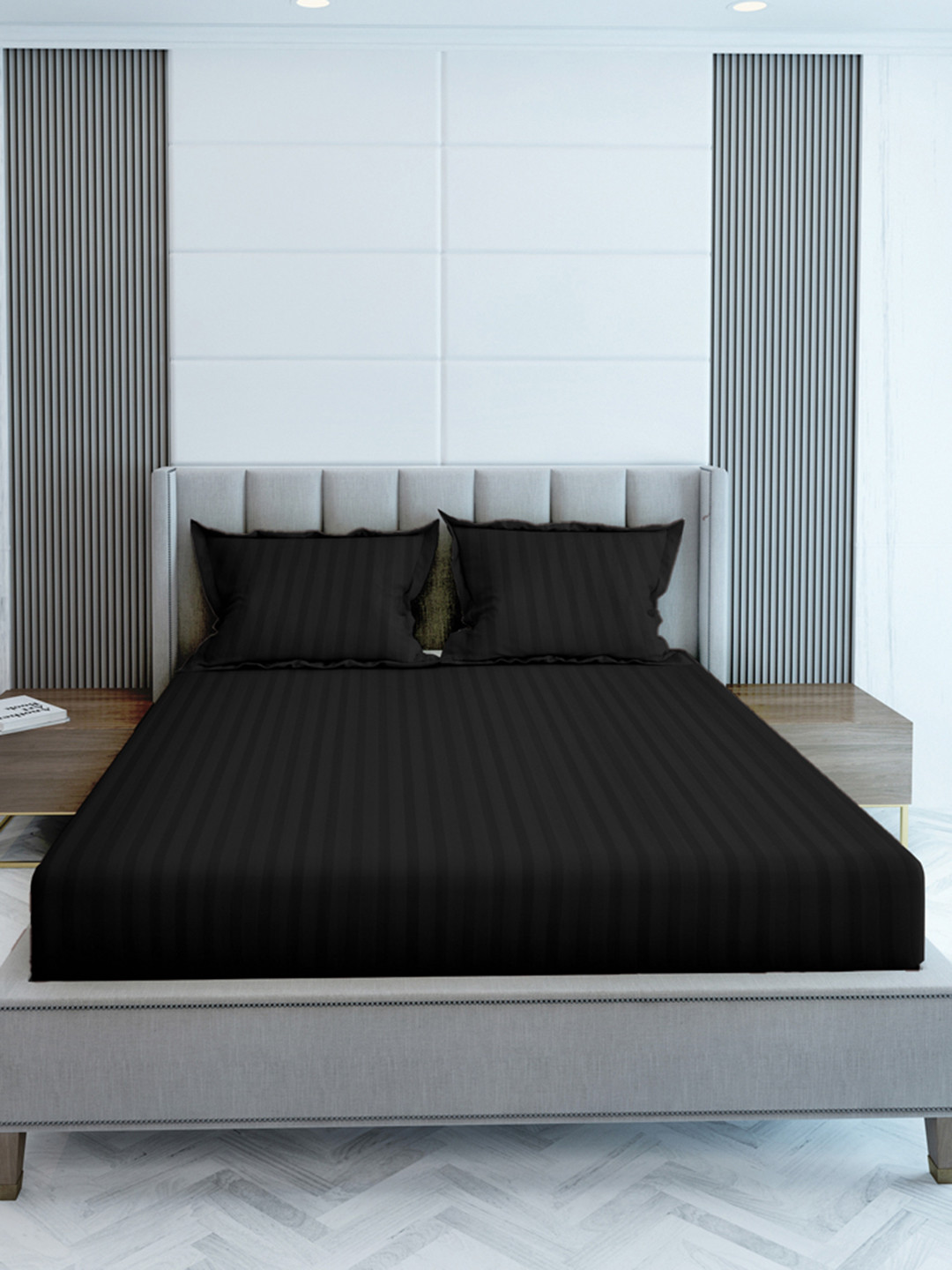 LABHAM Simple Living Black Striped Cotton 210 TC King Bedsheet with 2 Pillow Covers