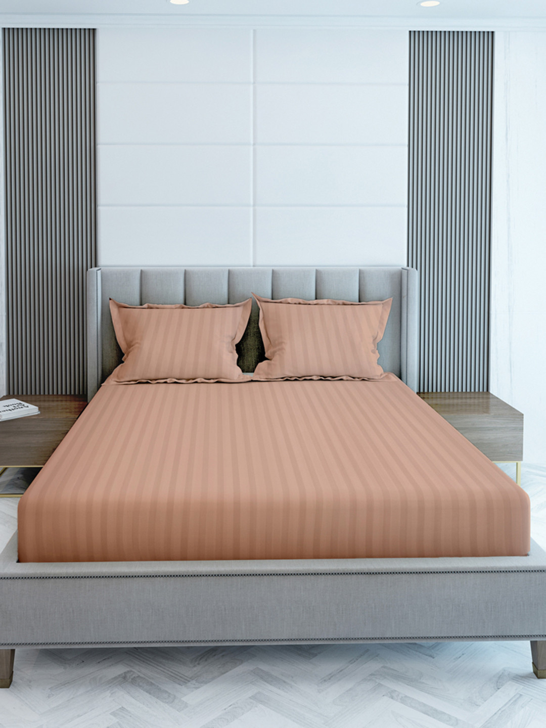 LABHAM Simple Living Peach Striped Cotton Breathable 210 TC King Fine Bedsheet with 2 Pillow Covers-108 x 108 inches