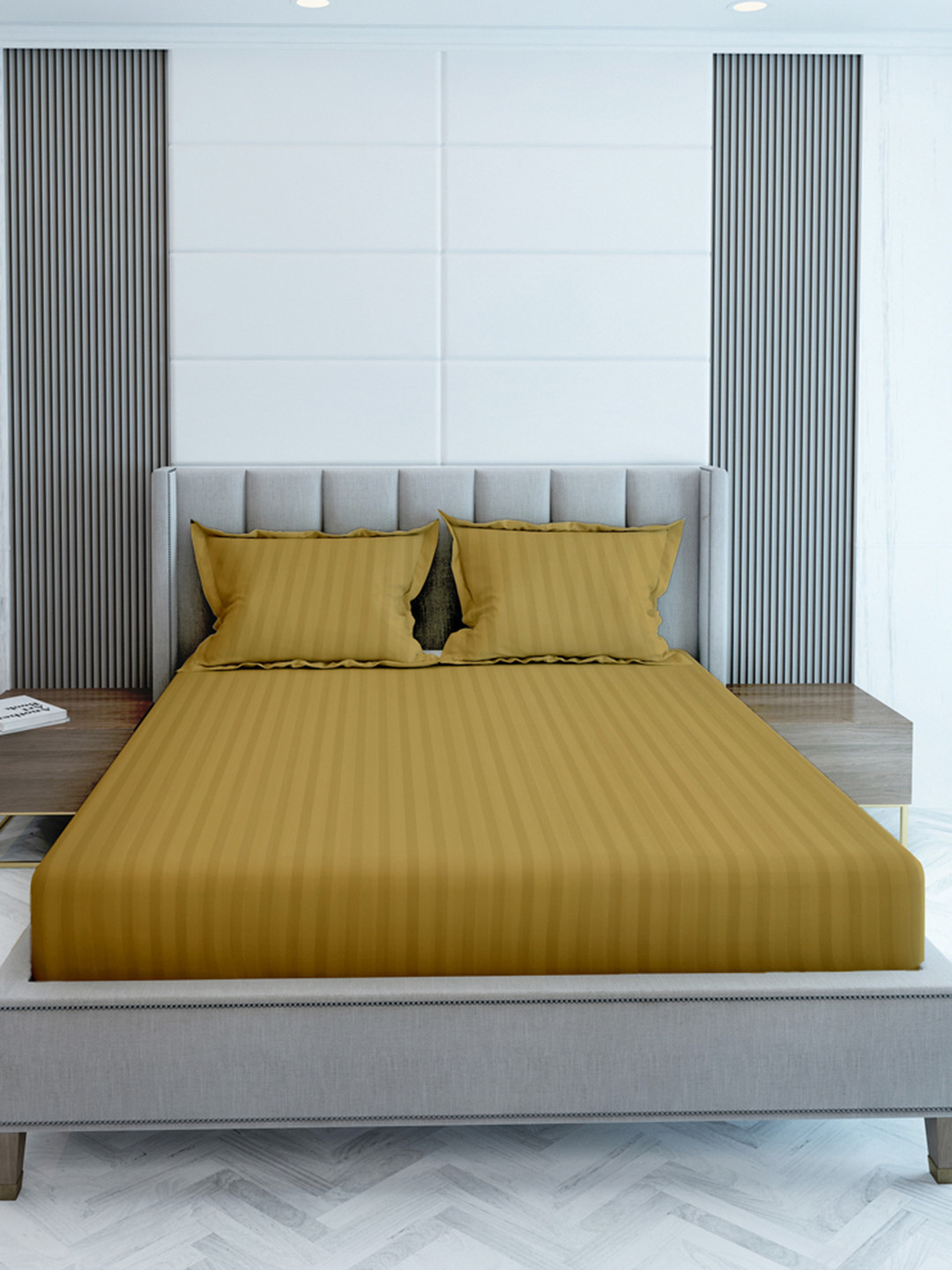 LABHAM Simple Living Mustard Striped Cotton 210 TC King Bedsheet with 2 Pillow Covers
