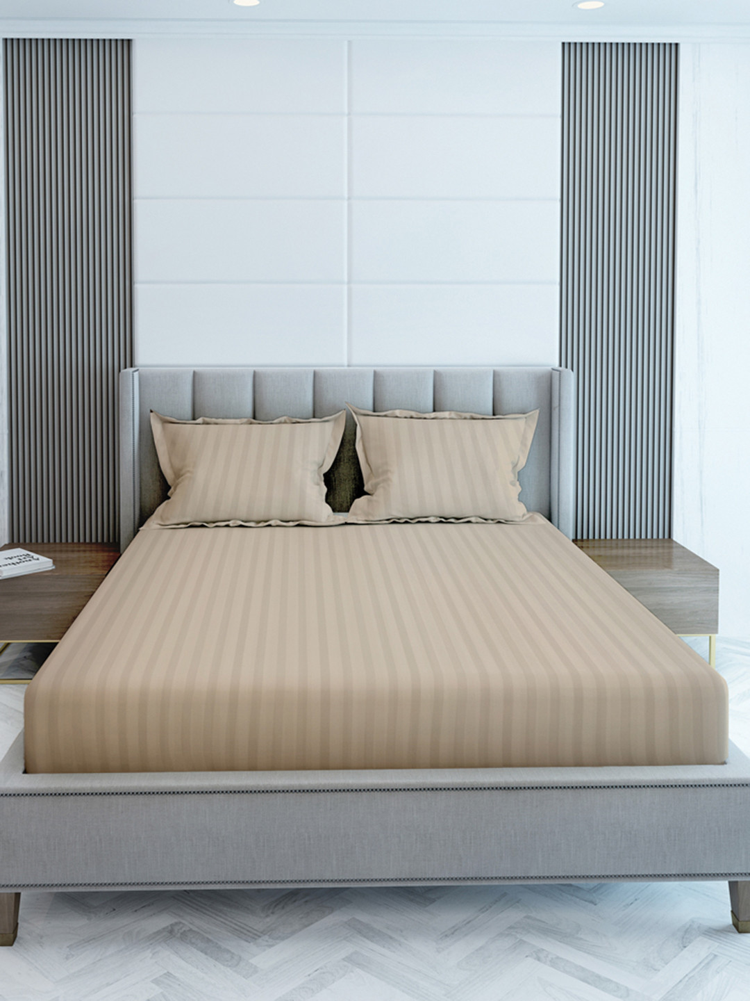 LABHAM Simple Living Beige Striped Cotton 210 TC King Bedsheet with 2 Pillow Covers