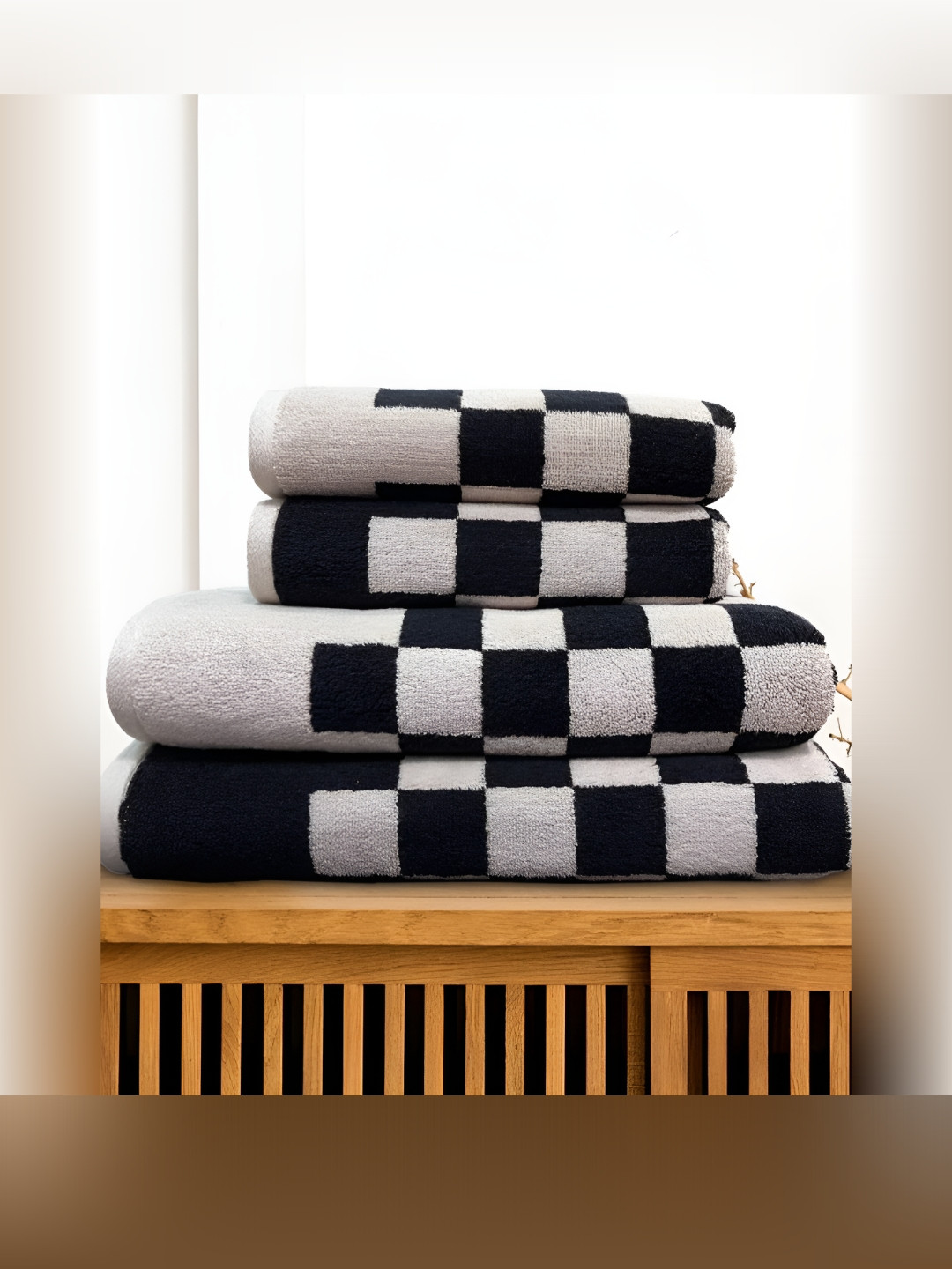 SENSES Black & Grey Checkerboard Printed 4 Piece Cotton Towel Set