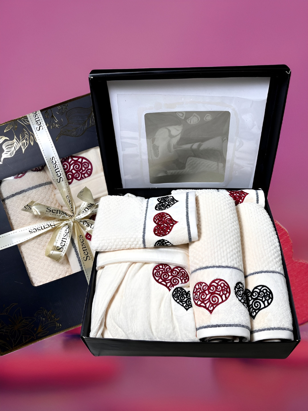 SENSES Off White & Black 5 Pieces Cotton Towel Set