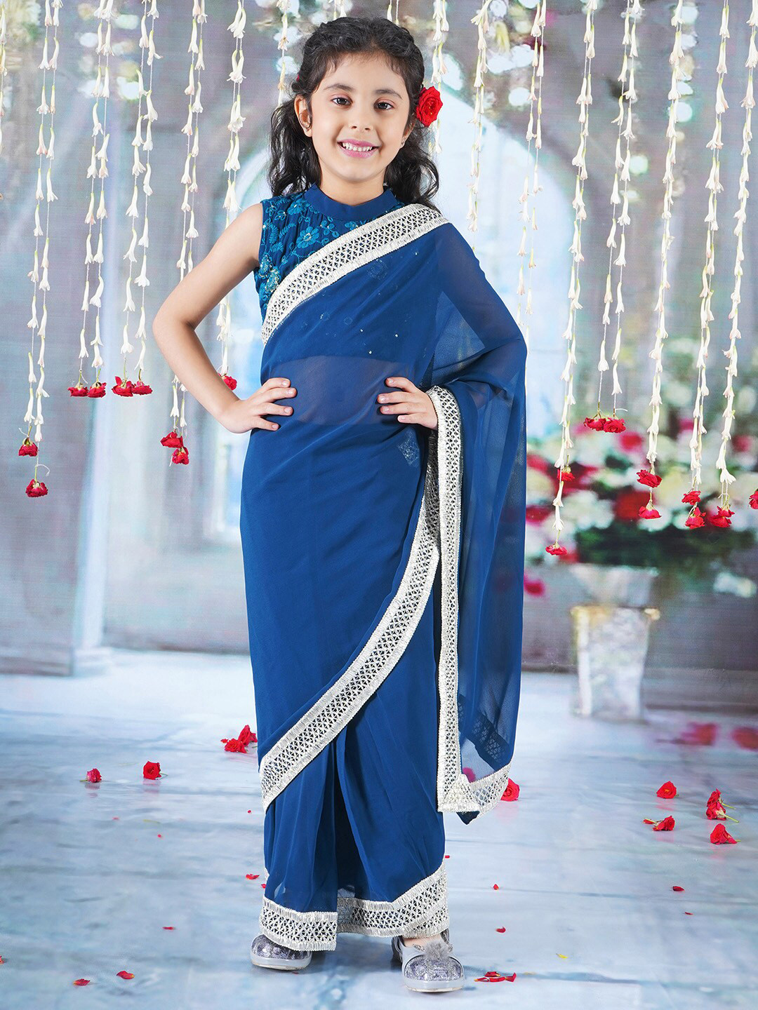 Little Bansi Embroidered Pure Georgette Ready to Wear Saree with Stitched Blouse
