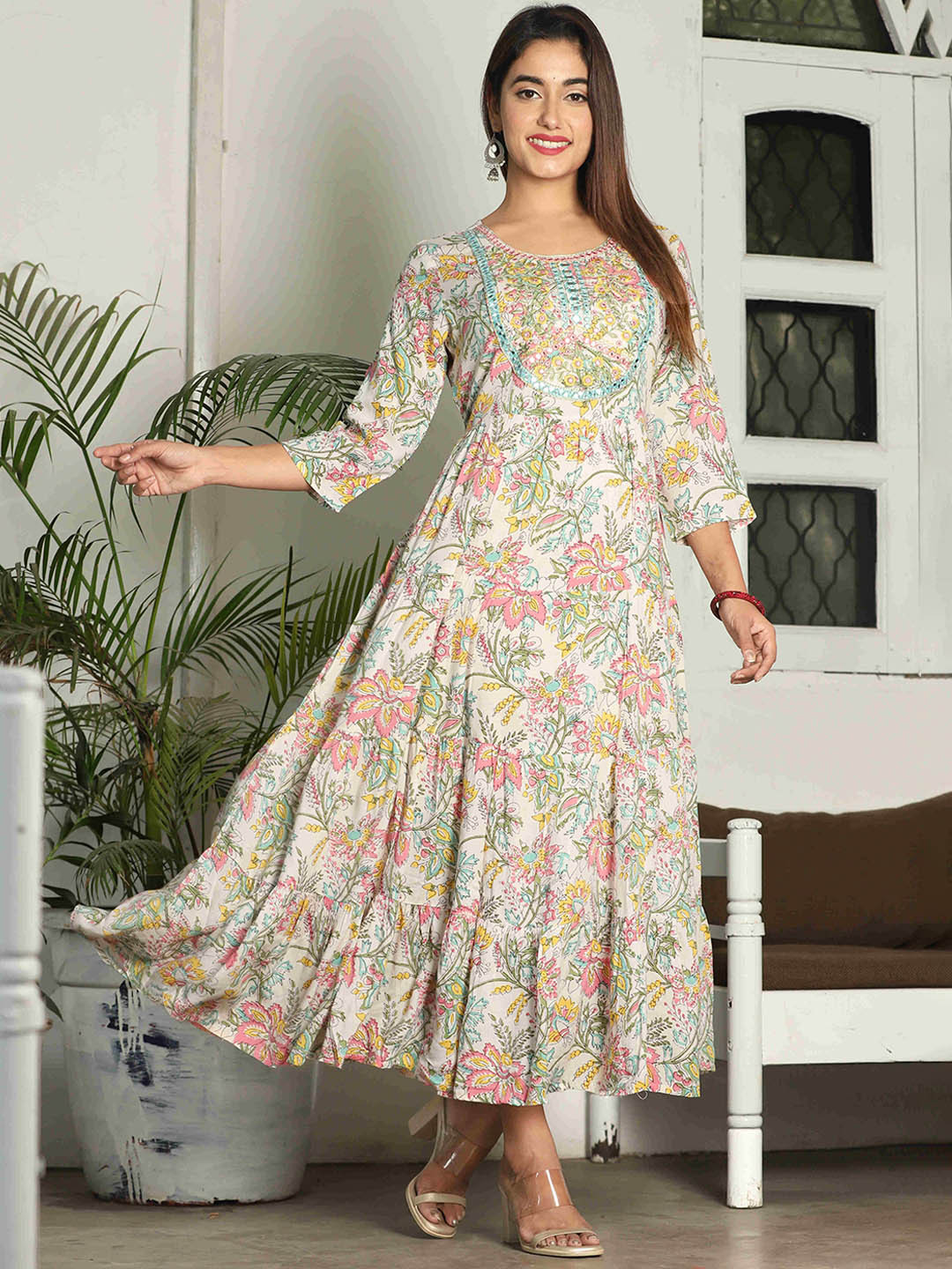 DARVIKAA COLLECTION Floral Printed Gathered Detailed Fit & Flare Midi Ethnic Dress