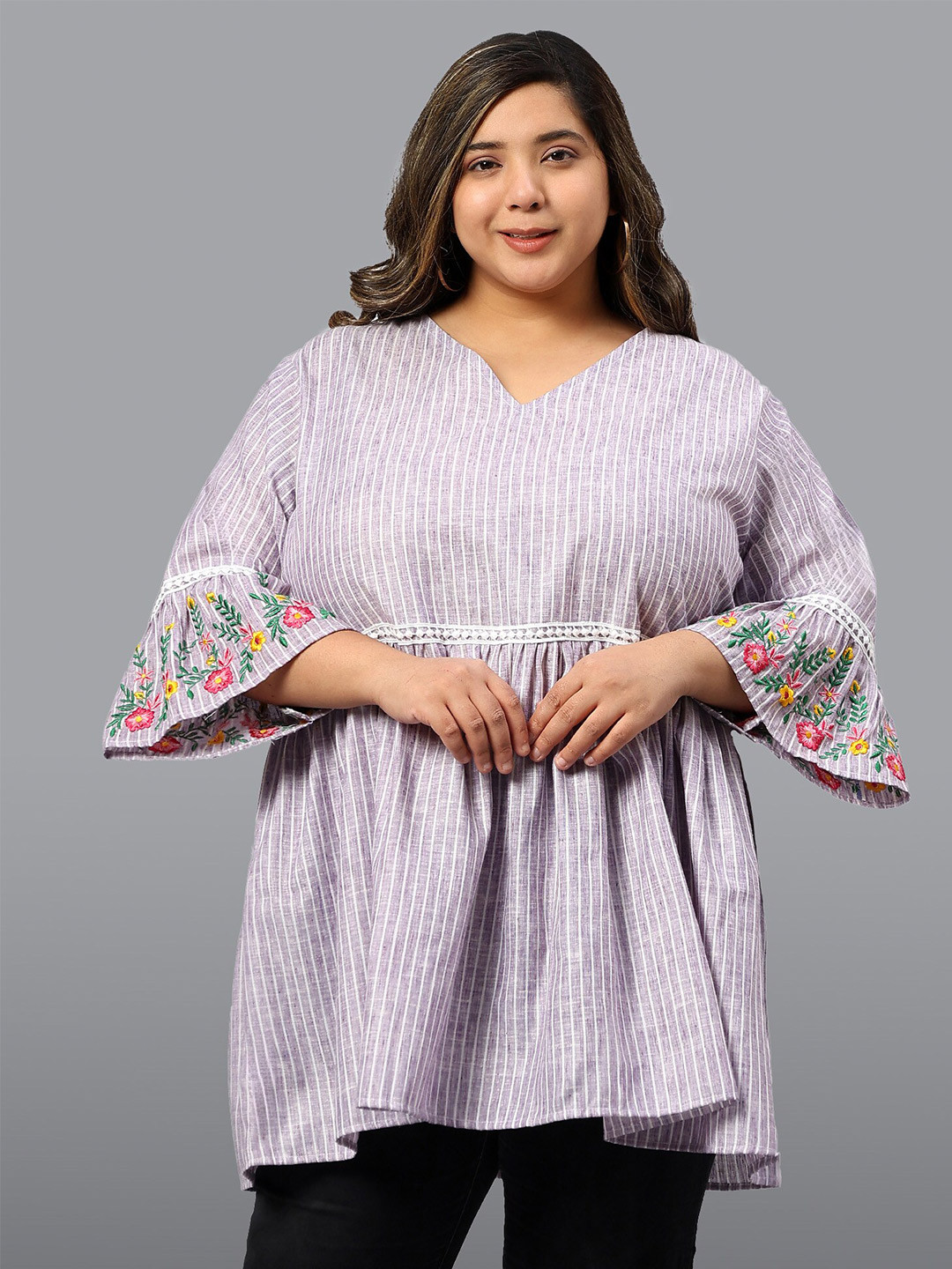 Indietoga Plus Size Striped Embroidery V Neck Bell Sleeve Linen Longline Kurti