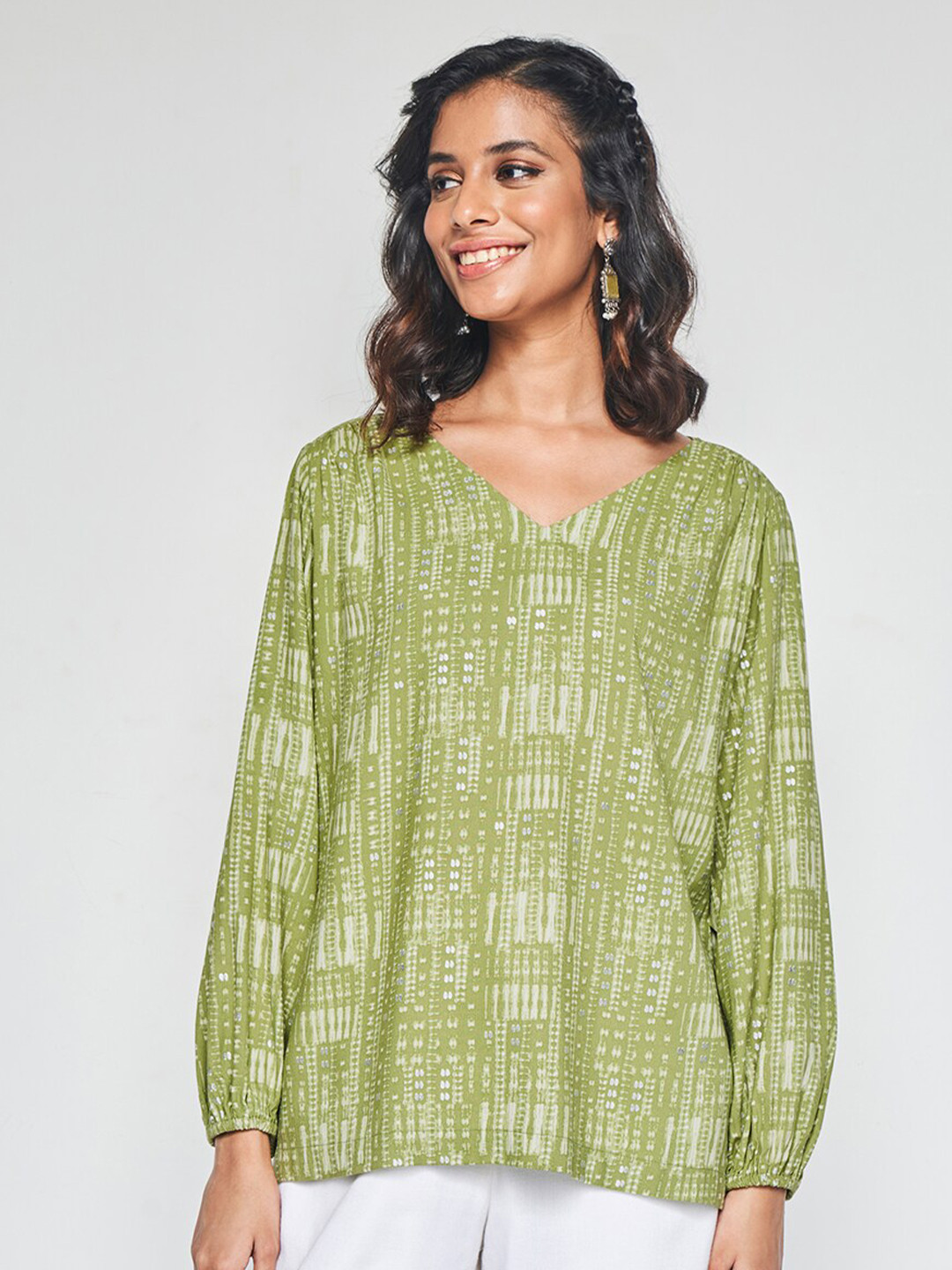 Global Desi Abstract Printed V-Neck A-Line Top