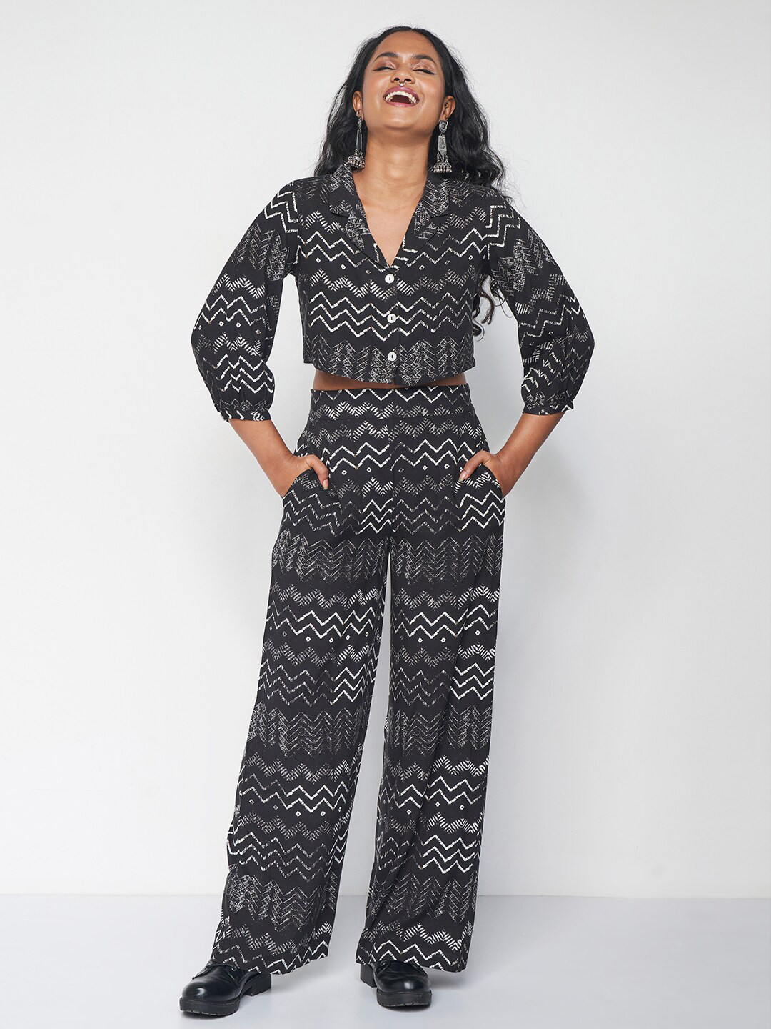 Global Desi Geometric Printed Shawl Collar Shirt With Palazzo