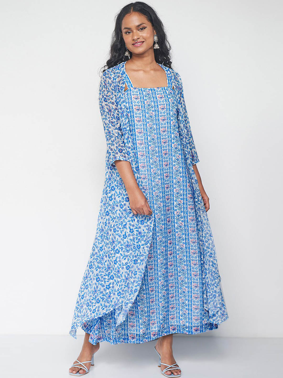 Global Desi Floral Printed Shoulder Straps Maxi Dress Comes With Shrug