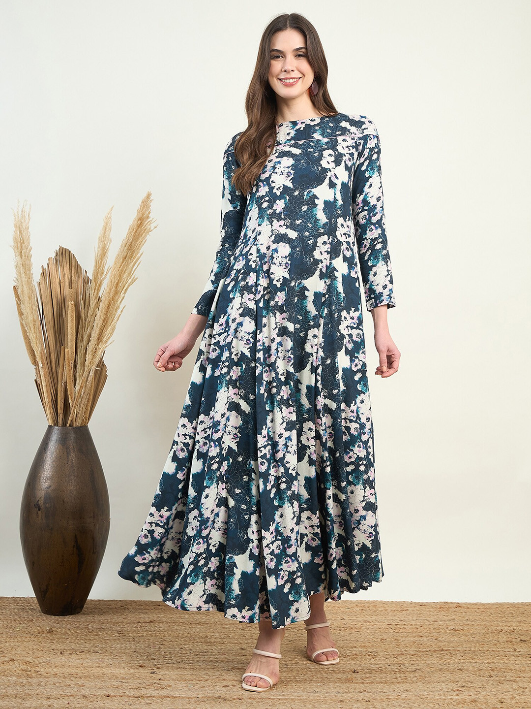 The Kaftan Company Floral Printed Boat Neck Dobby Maxi Dress