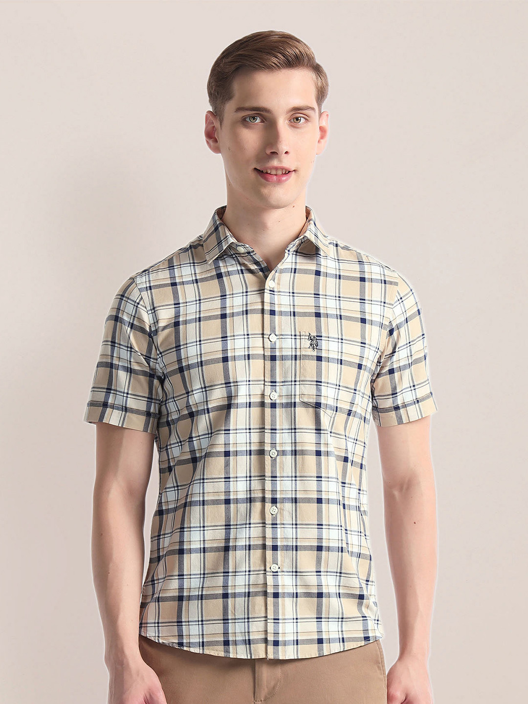 U.S. Polo Assn. Tartan Checked Spread Collar Short Sleeves Oxford Casual Shirt