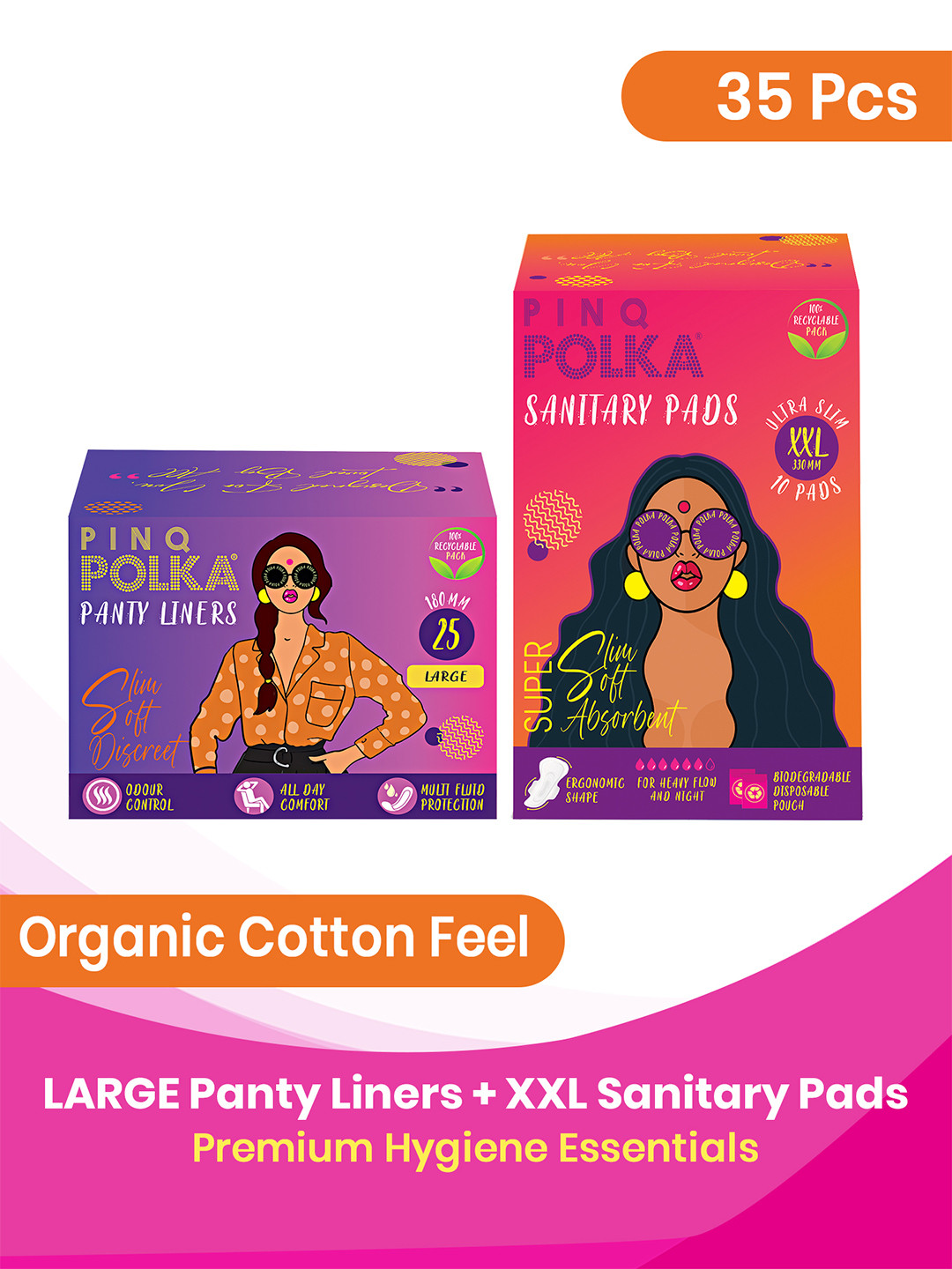 PINQ POLKA Set of 2 Premium Organic XXL Sanitary Pads & L Pantyliners