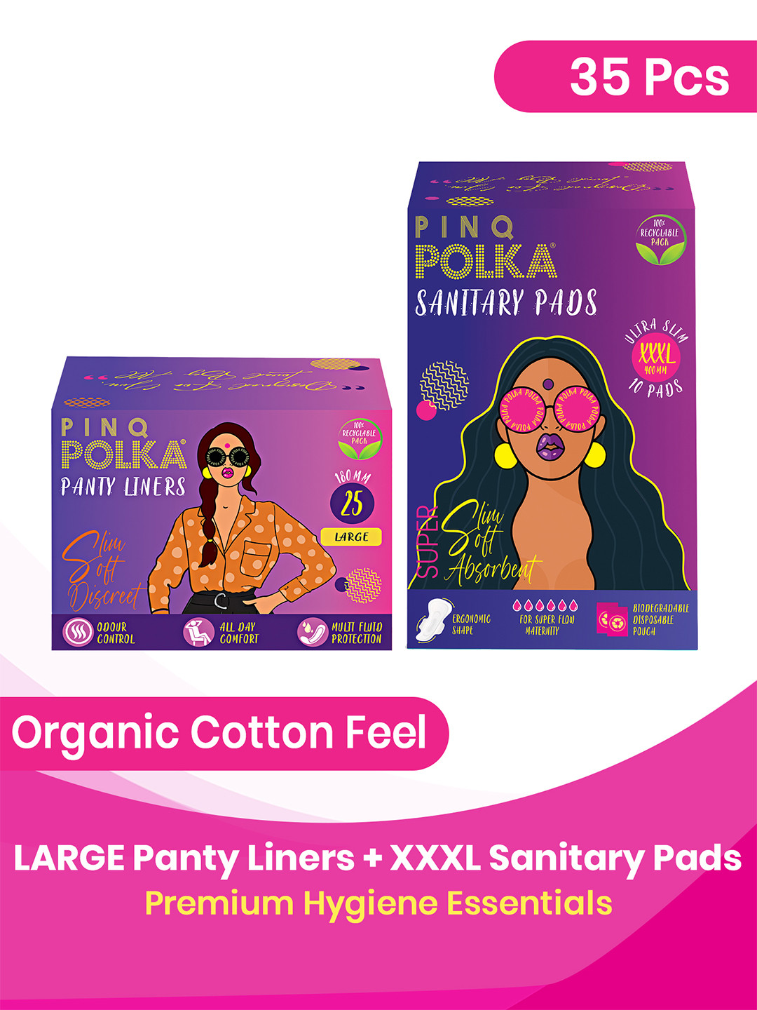 PINQ POLKA Set of 2 Premium Organic XXXL Sanitary Pads & Large Pantyliners- 10 Pcs+25 Pcs