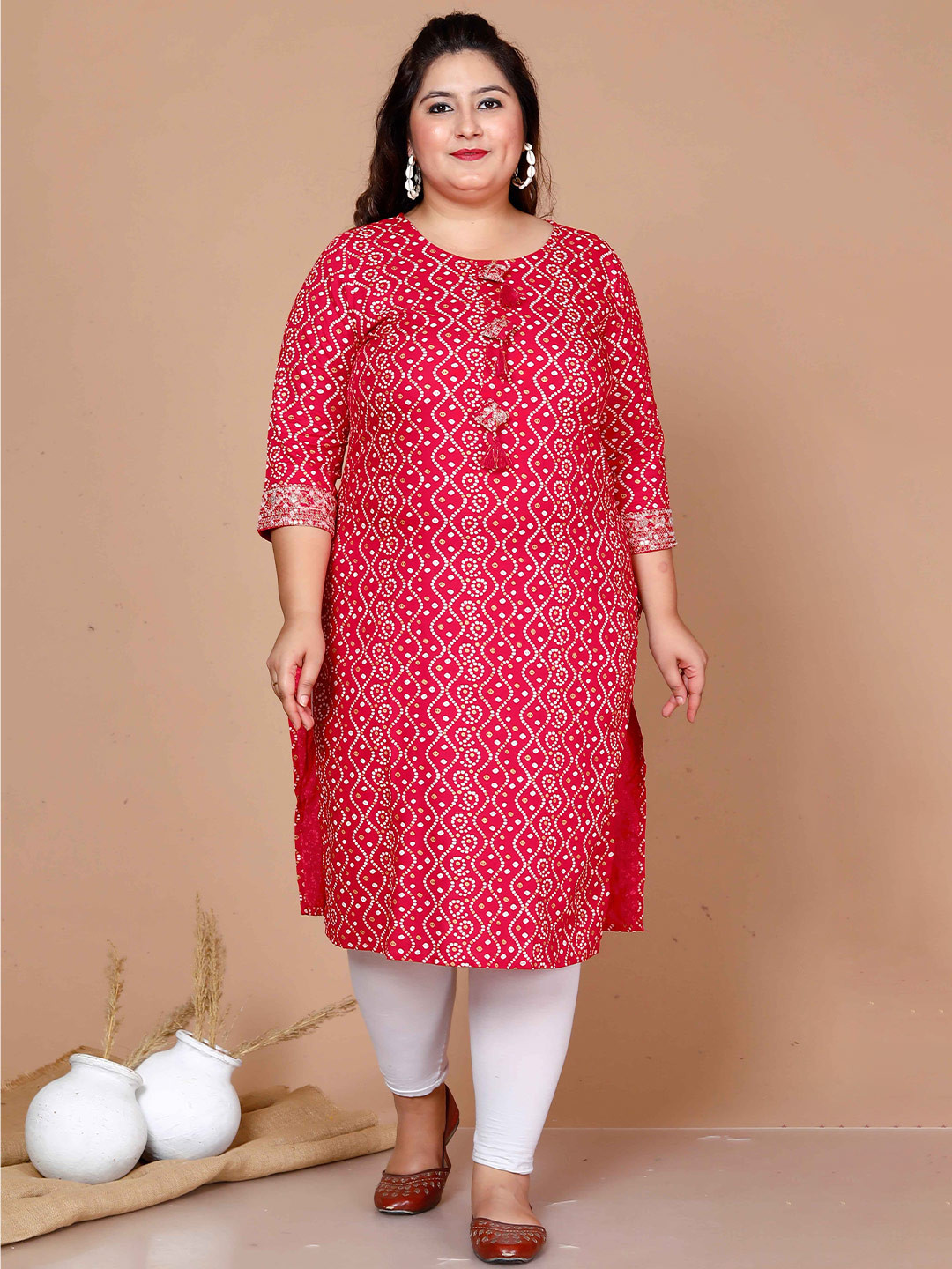 MIRAVAN Plus Size Bandhani Printed Straight Kurta