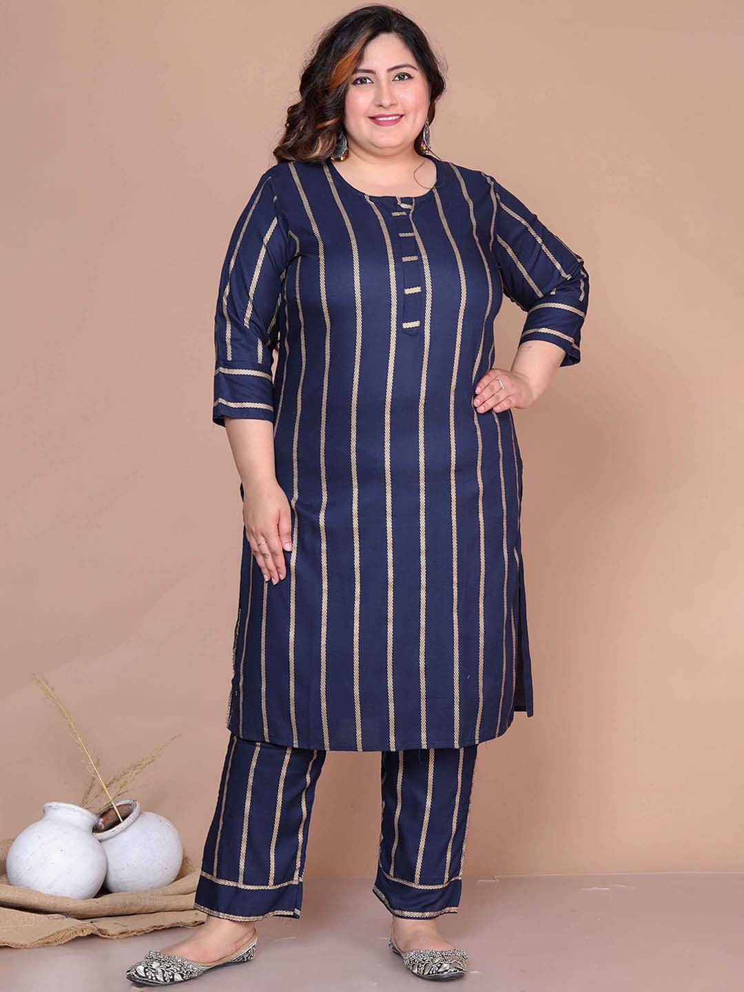 MIRAVAN Plus Size Striped Kurta With Palazzo