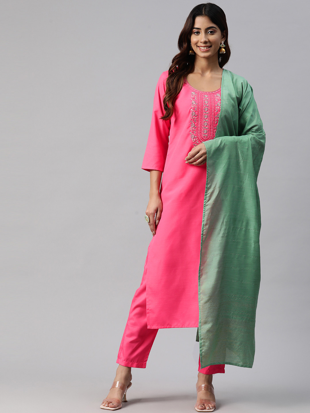 Yuris Floral Embroidered Sequinned Kurta with Trousers & Dupatta