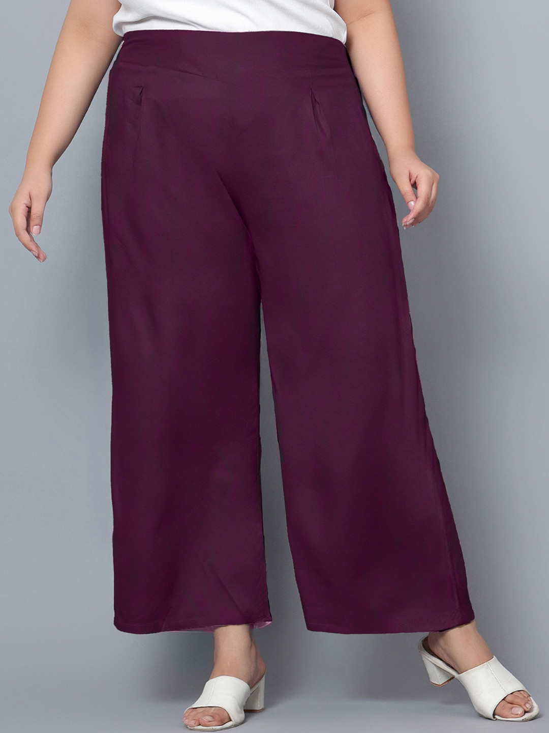 Indietoga Women's Plus Size Wine Solid Rayon Casual Trousers with Pockets