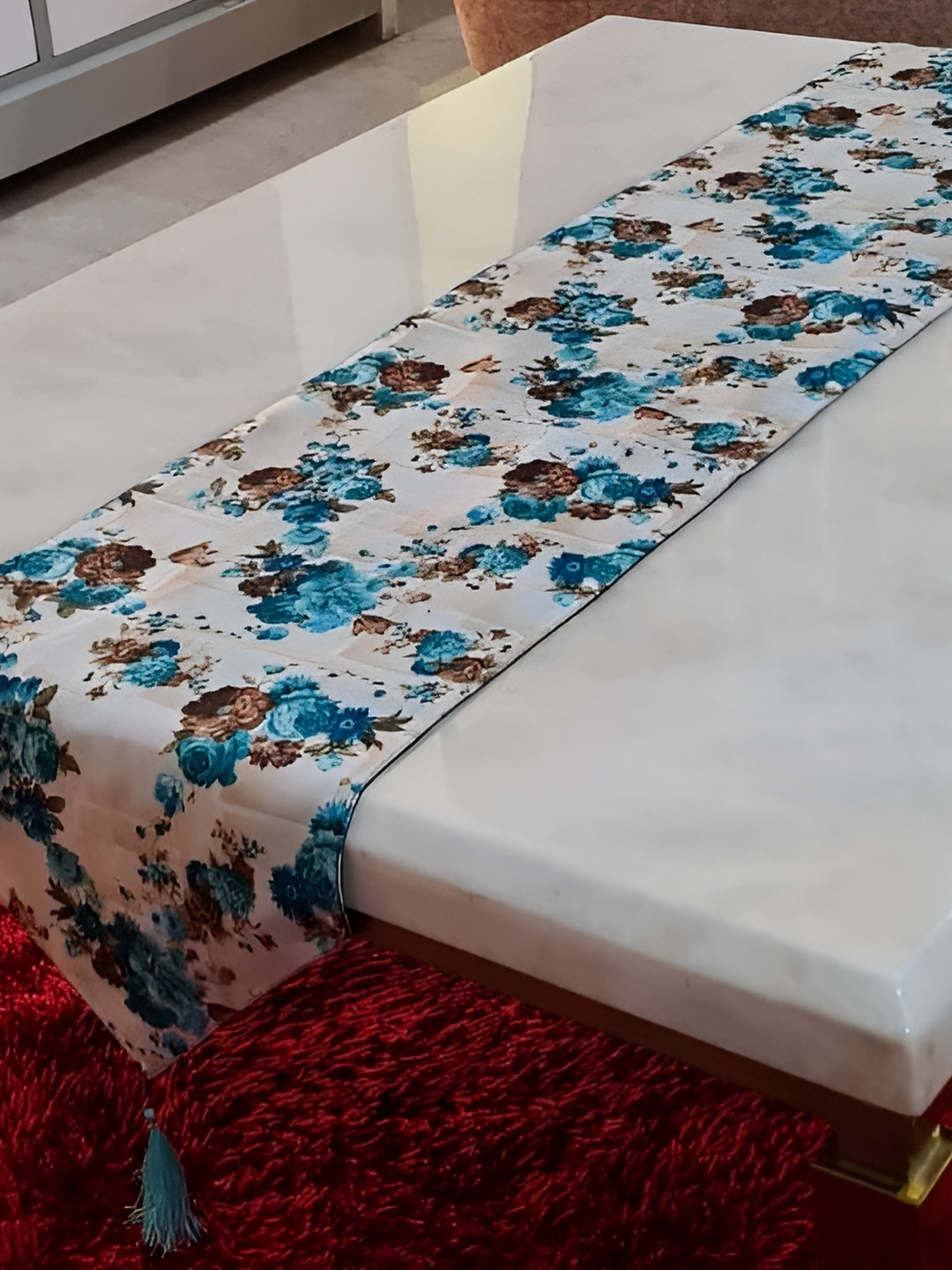 GROKI Blue & White Floral Printed Table Runner