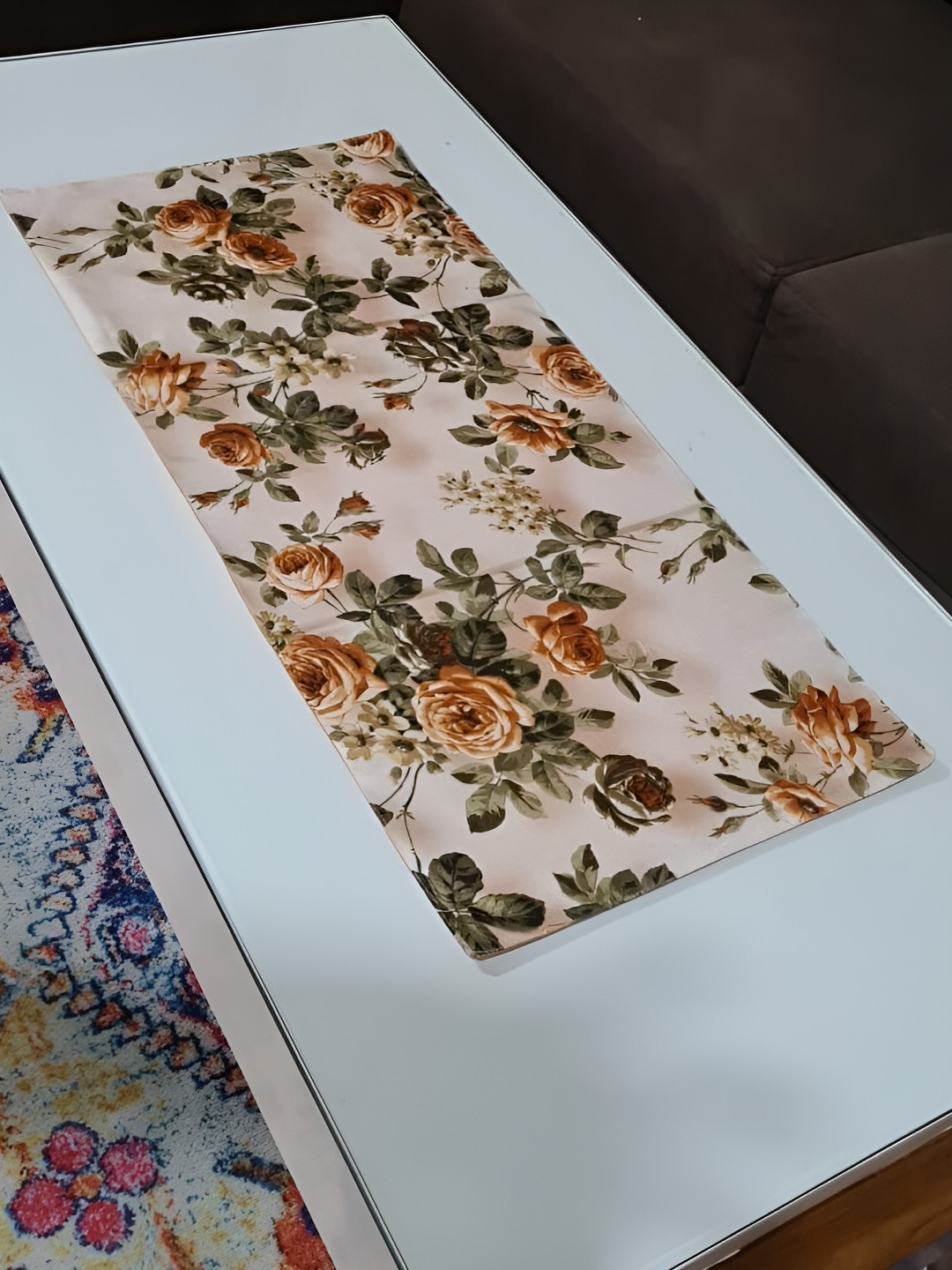 GROKI  Beige & Green Floral Printed Pure Cotton Table Runner